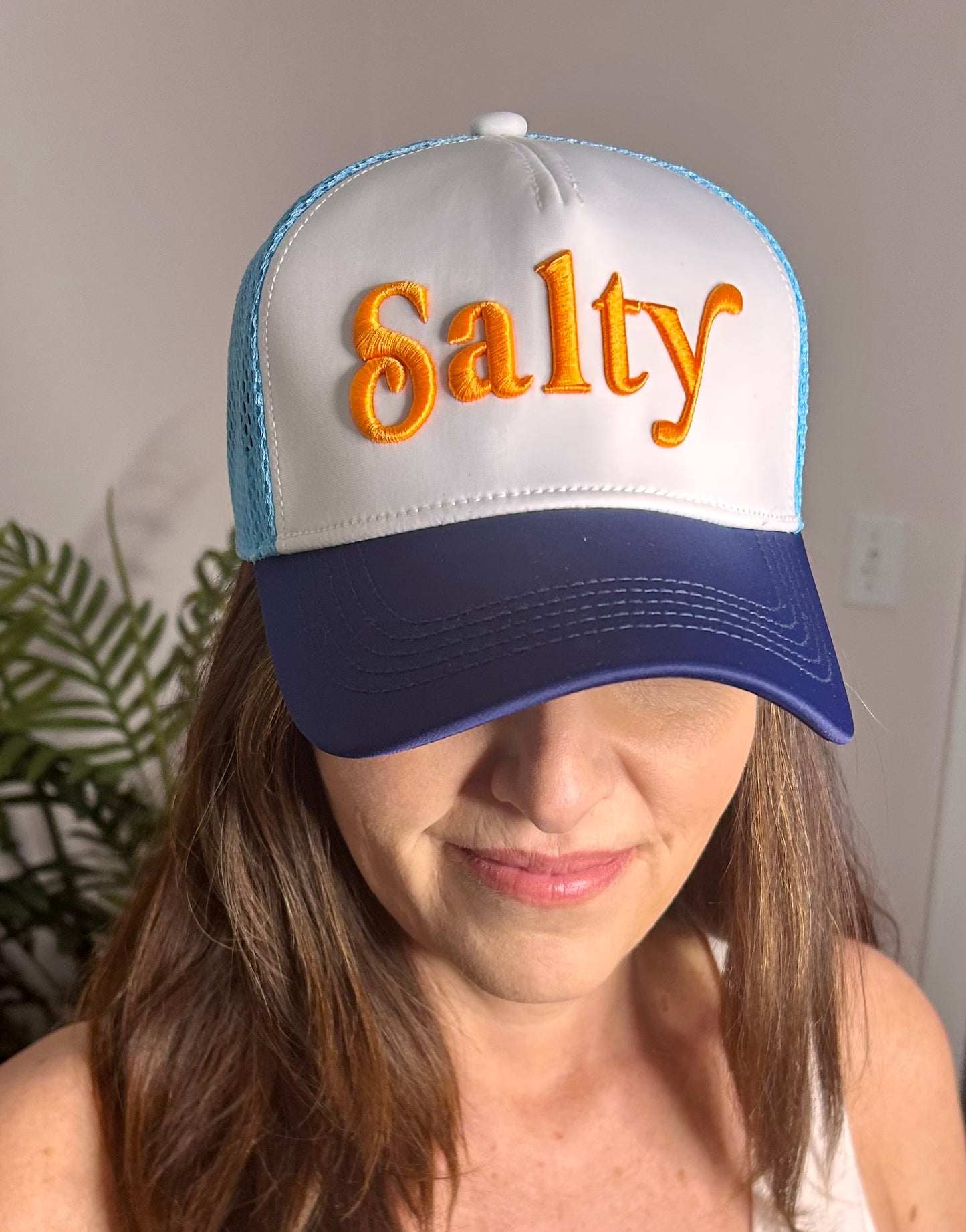 Salty Trucker Hat - Blue & Orange Mesh - Pink Peonies