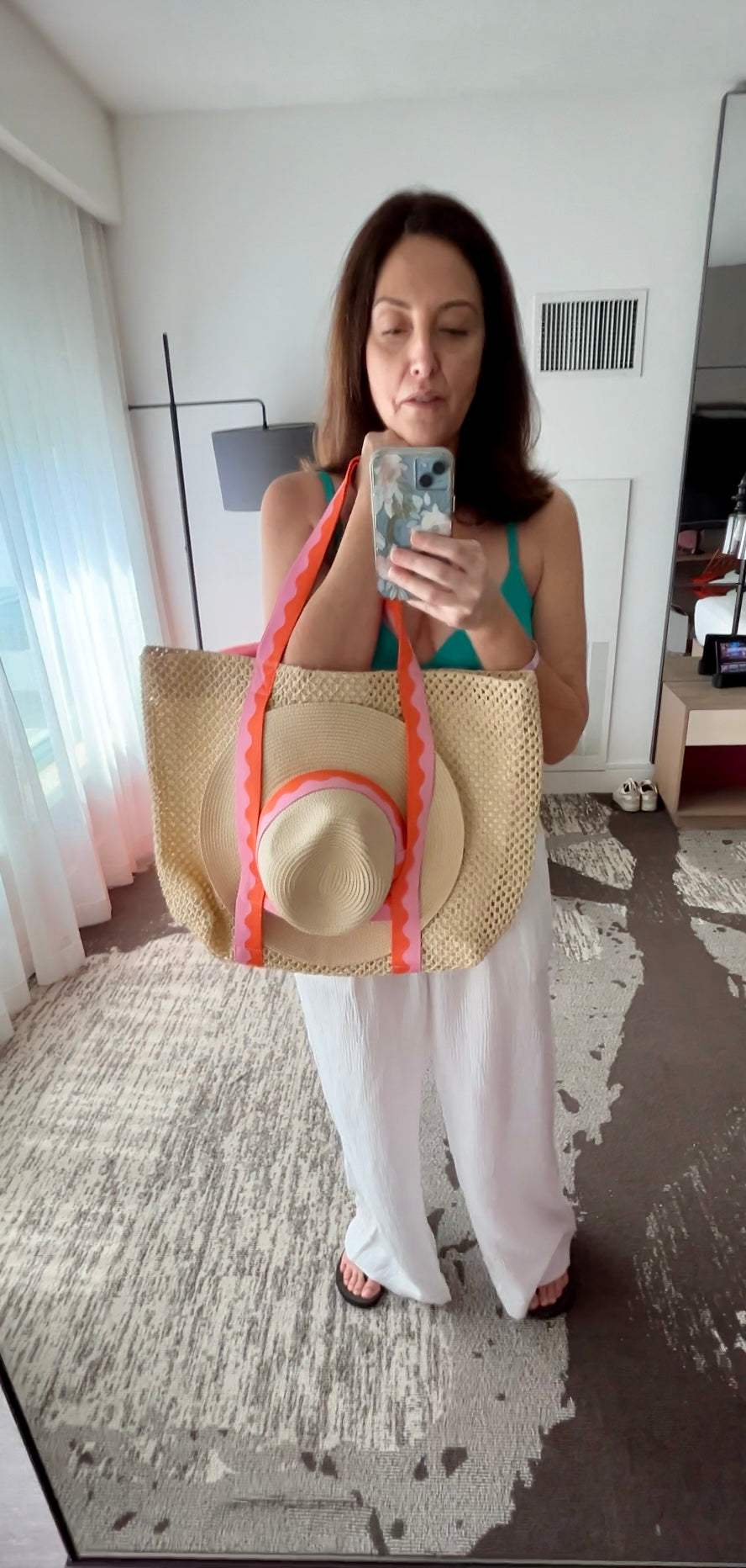Pink Antigua Beach Tote and Hat Set - Pink Peonies
