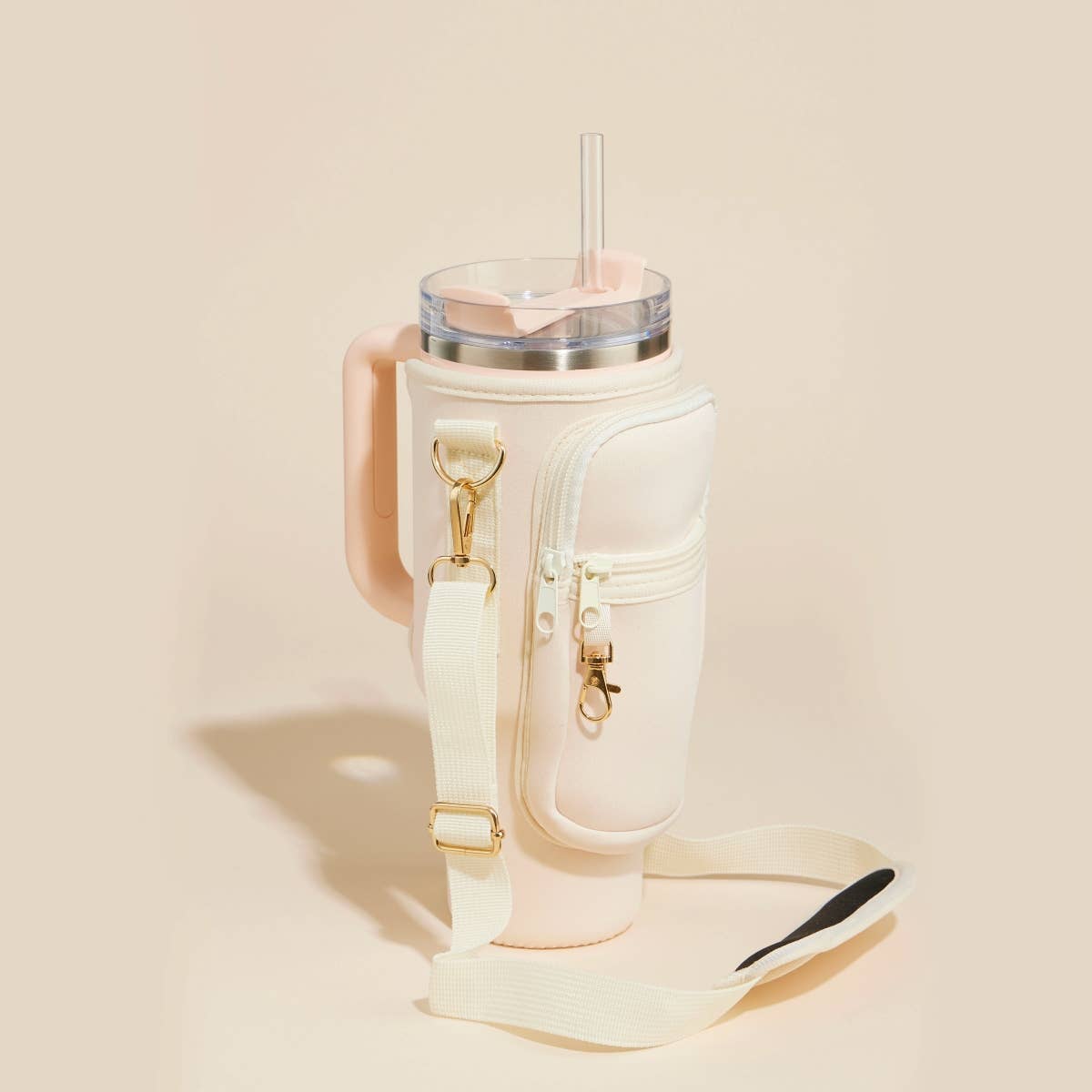 Dual Strap Fit-Cooler™ Sling Tumbler Crossbody Bag: Ivory - Pink Peonies