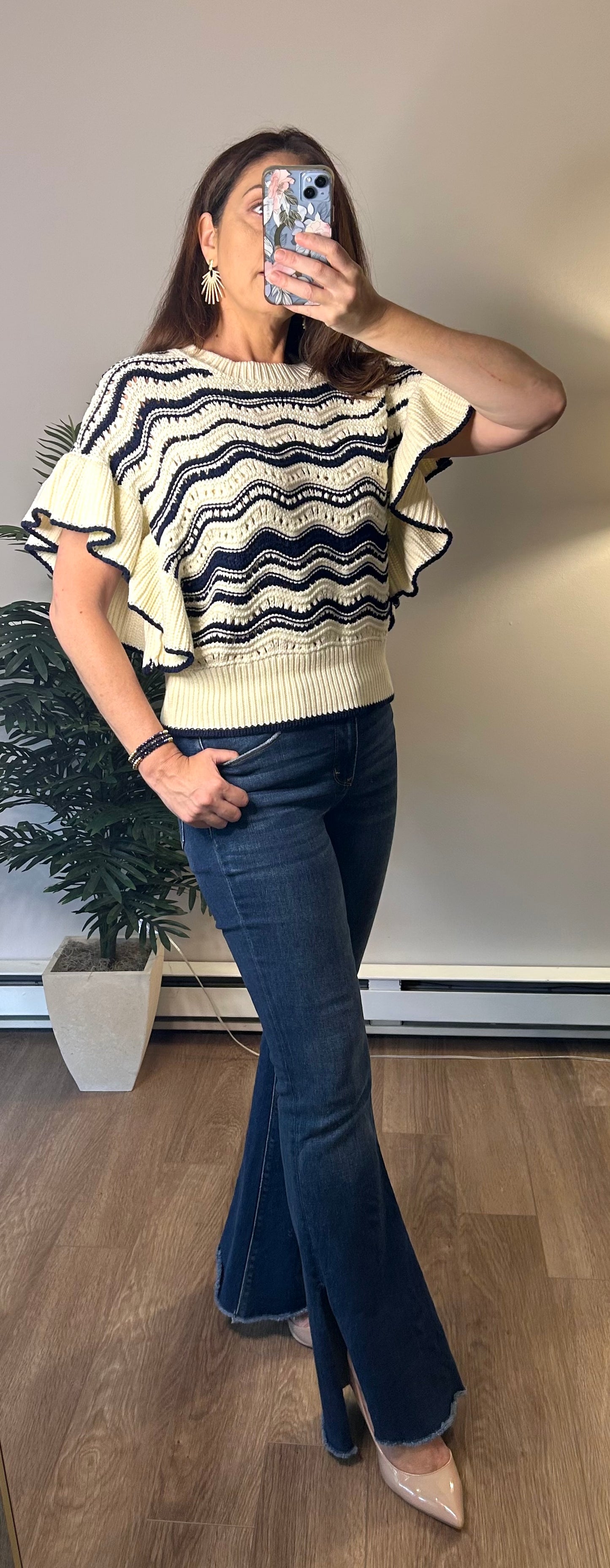 Ruffle Sleeve Wave Knit Sweater