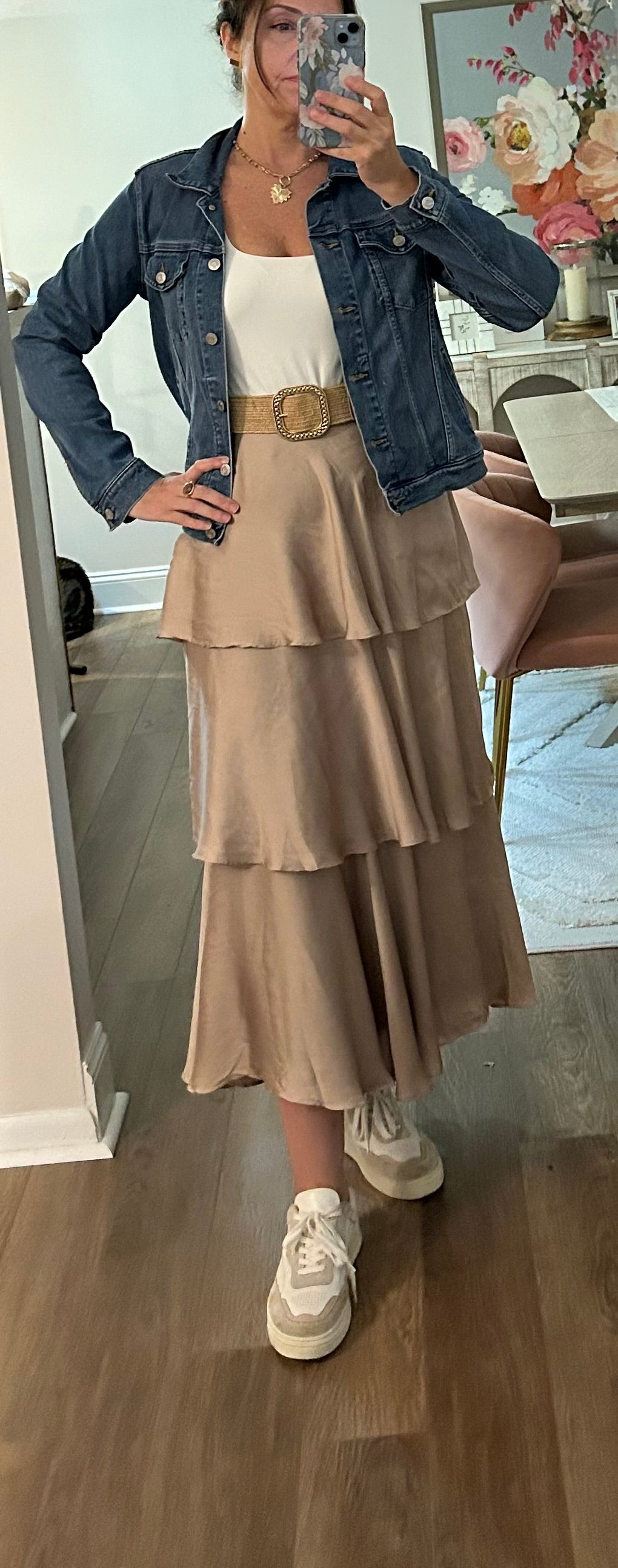 Belted Satin Tiered Midi Skirt - Pink Peonies