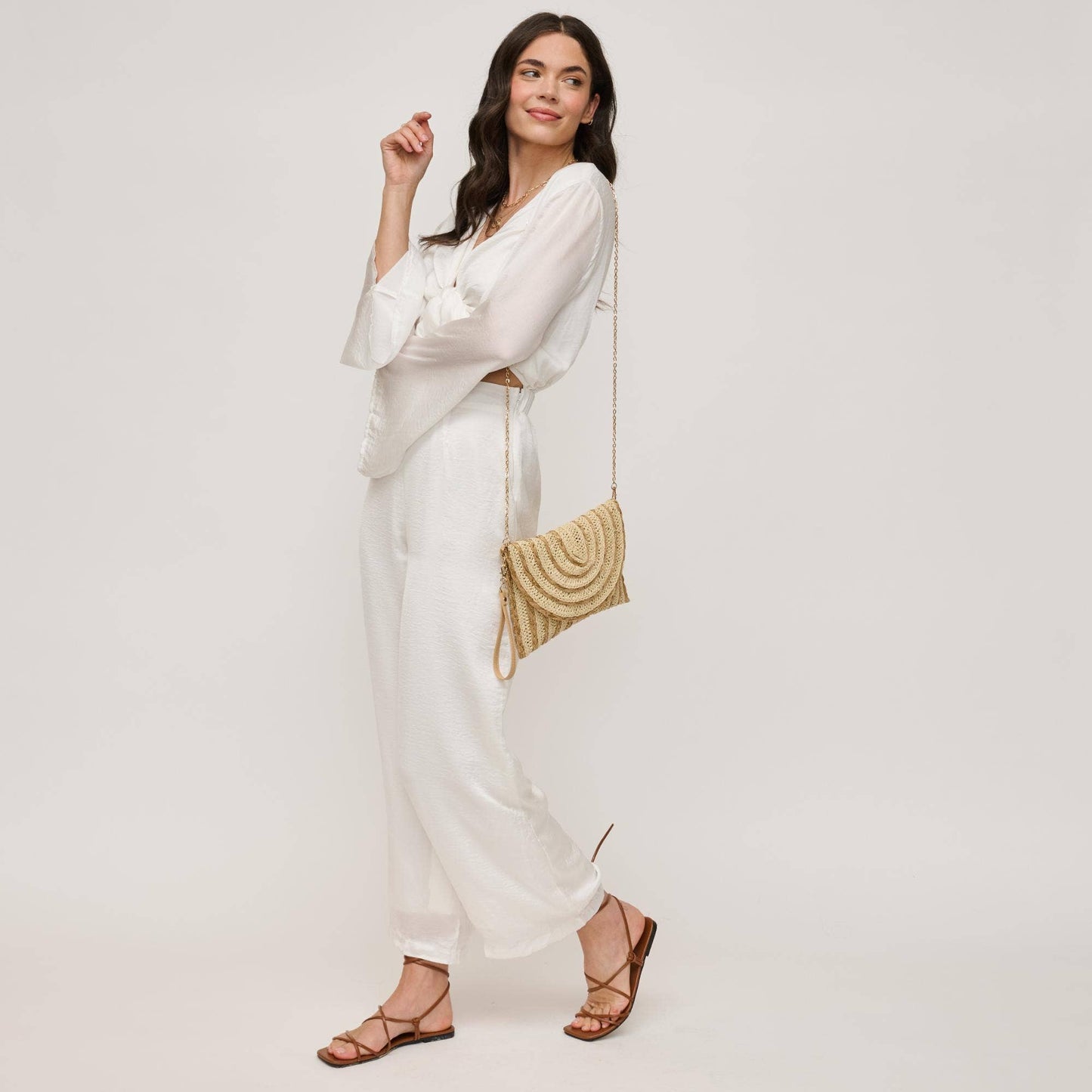 Golden Hour Ruffle Natural Ivory Clutch - Pink Peonies