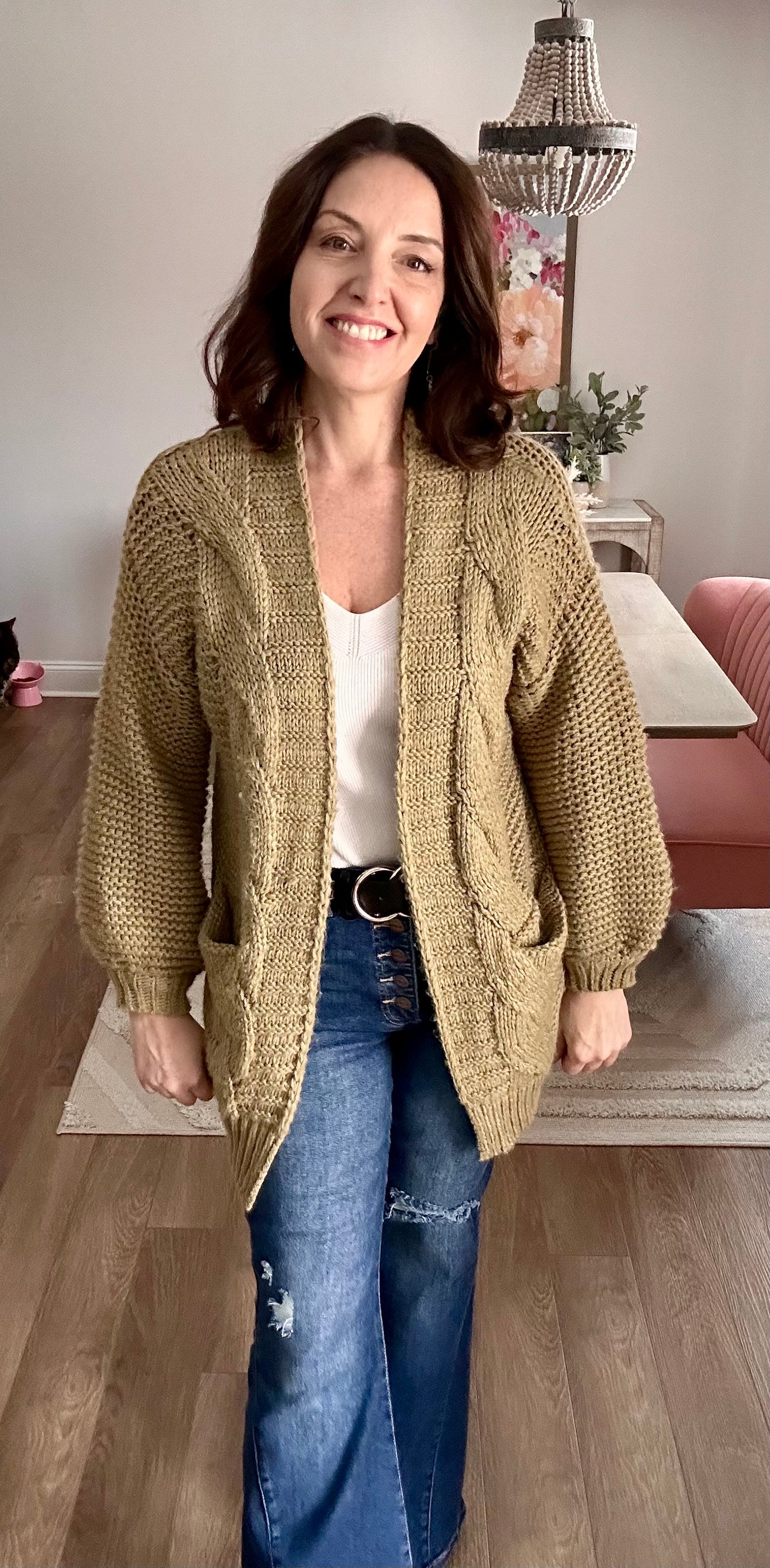 Chunky Cable Sleeve Lantern Cardigan - Pink Peonies