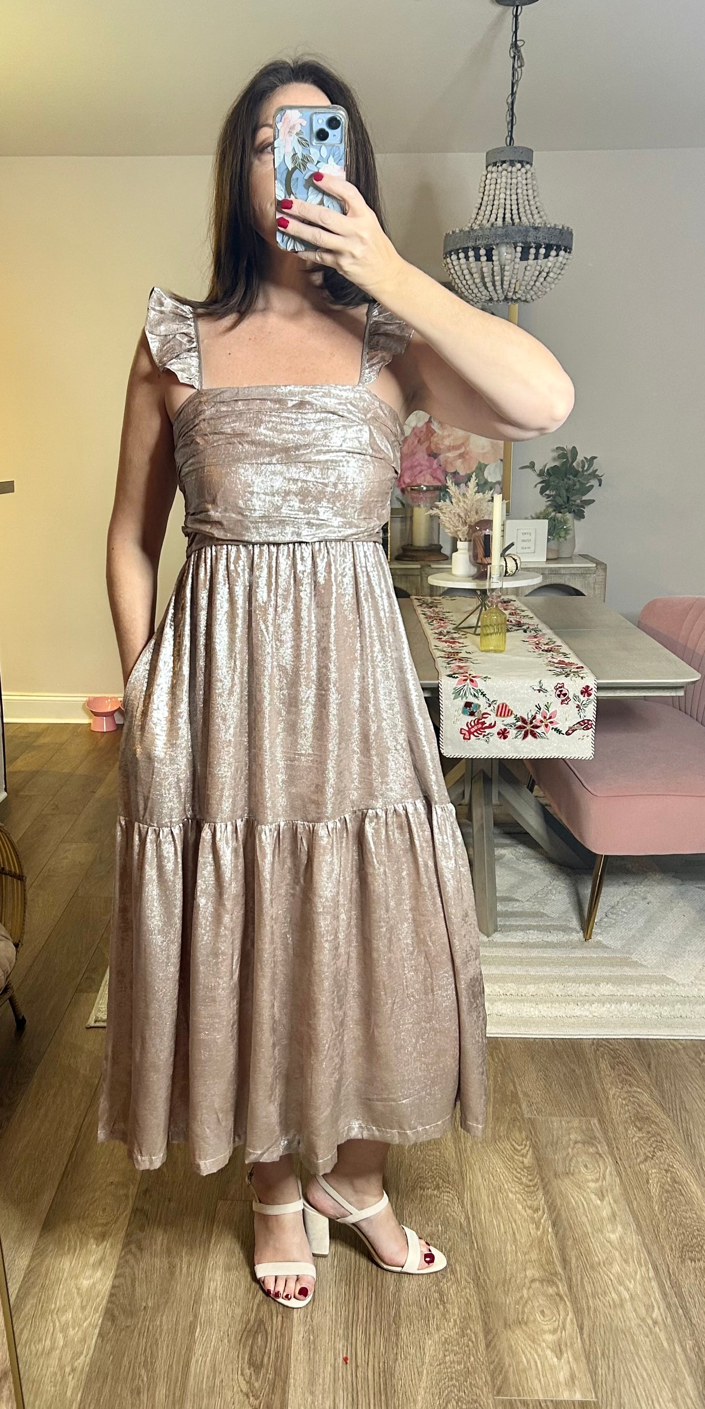 Metallic Ruched Midi Dress - Pink Peonies