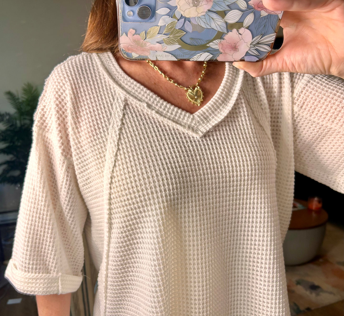 Brushed Waffle Exposed-seam 3/4 Sleeve Top - Pink Peonies