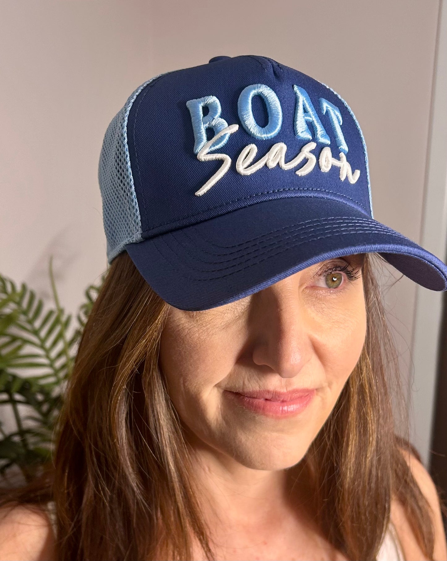 Boat Season Trucker Hat - Two-Tone Blue Mesh - Pink Peonies