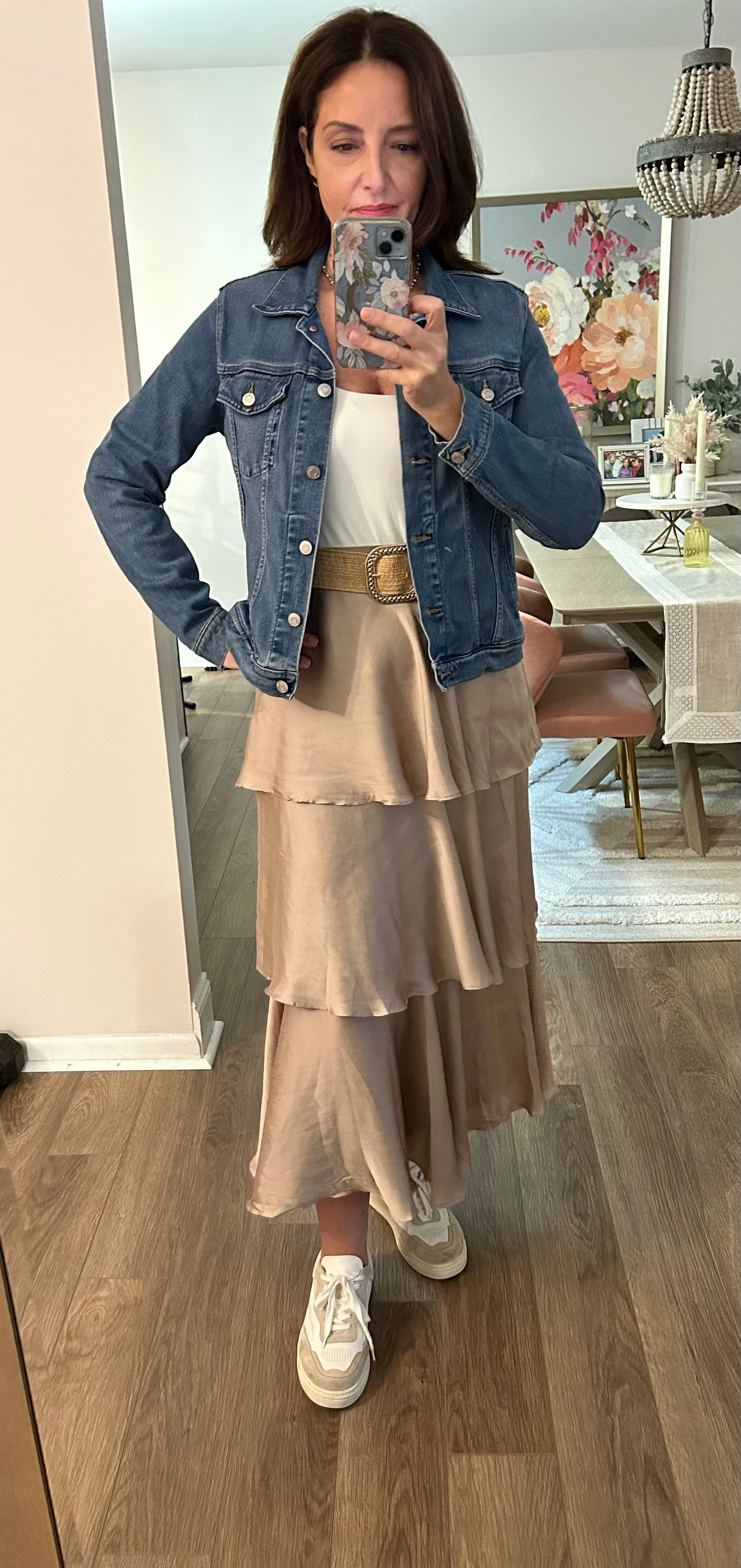 Belted Satin Tiered Midi Skirt - Pink Peonies