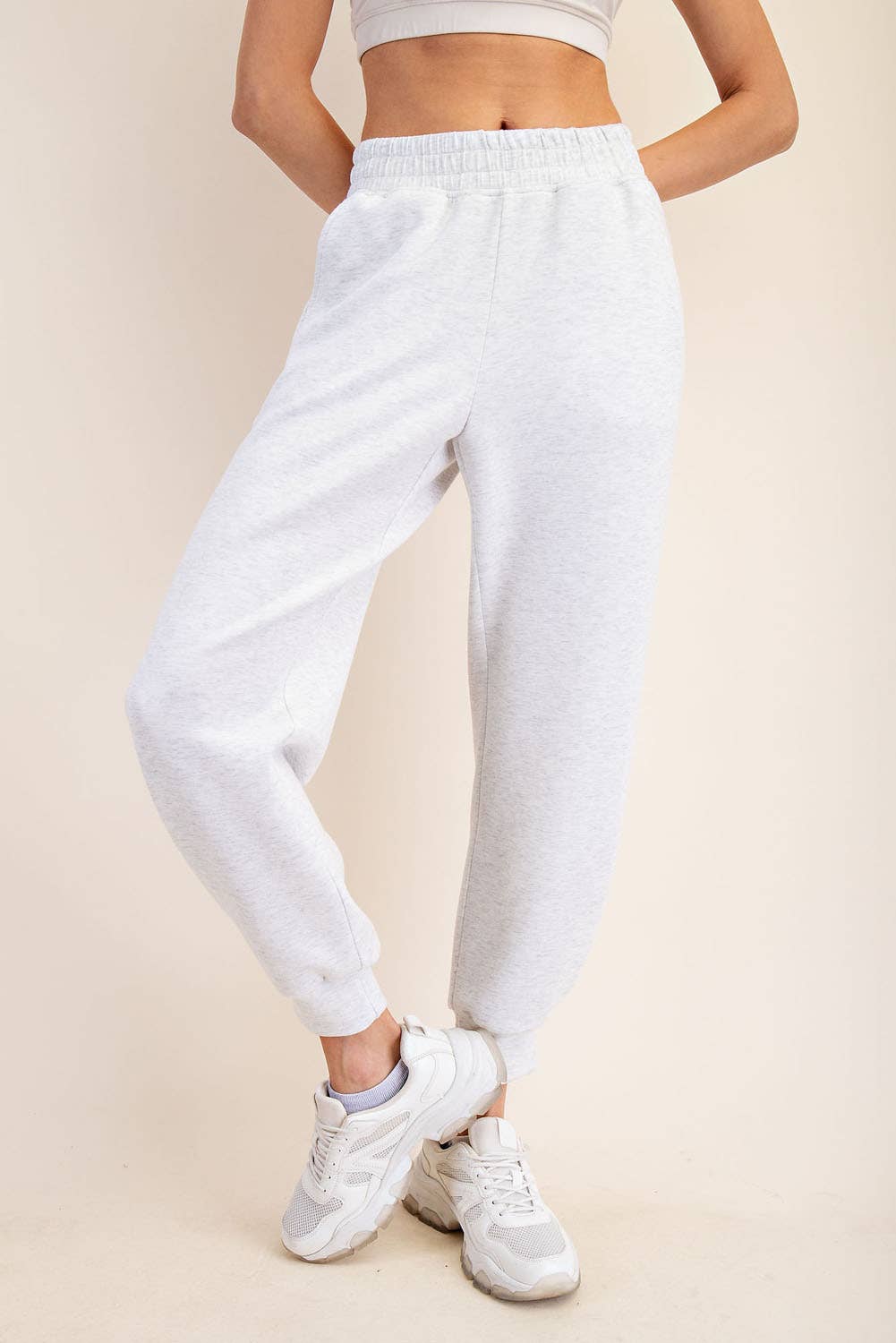 Modal Full Length Jogger Pants: Cream - Pink Peonies