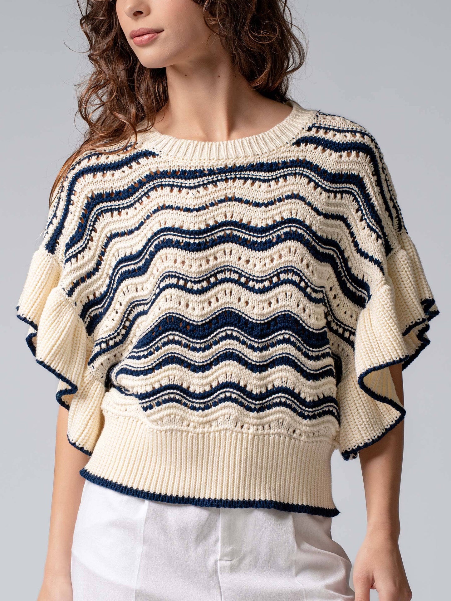 Ruffle Sleeve Wave Knit Sweater