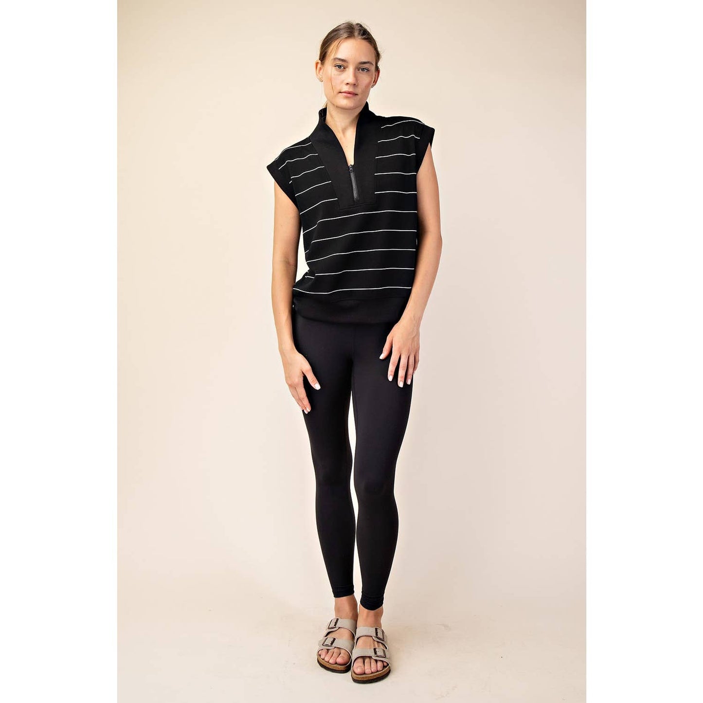 Modal Scuba Stripe Luxe V Neck Sleeveless Top: Black & Cream - Pink Peonies