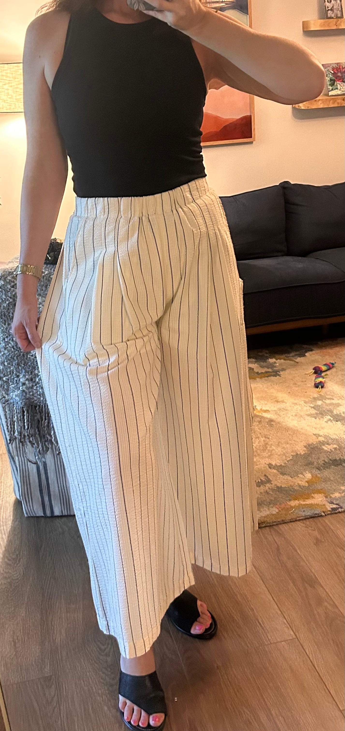 Elastic Waist Wide Leg Striped Palazzo Pants - Pink Peonies