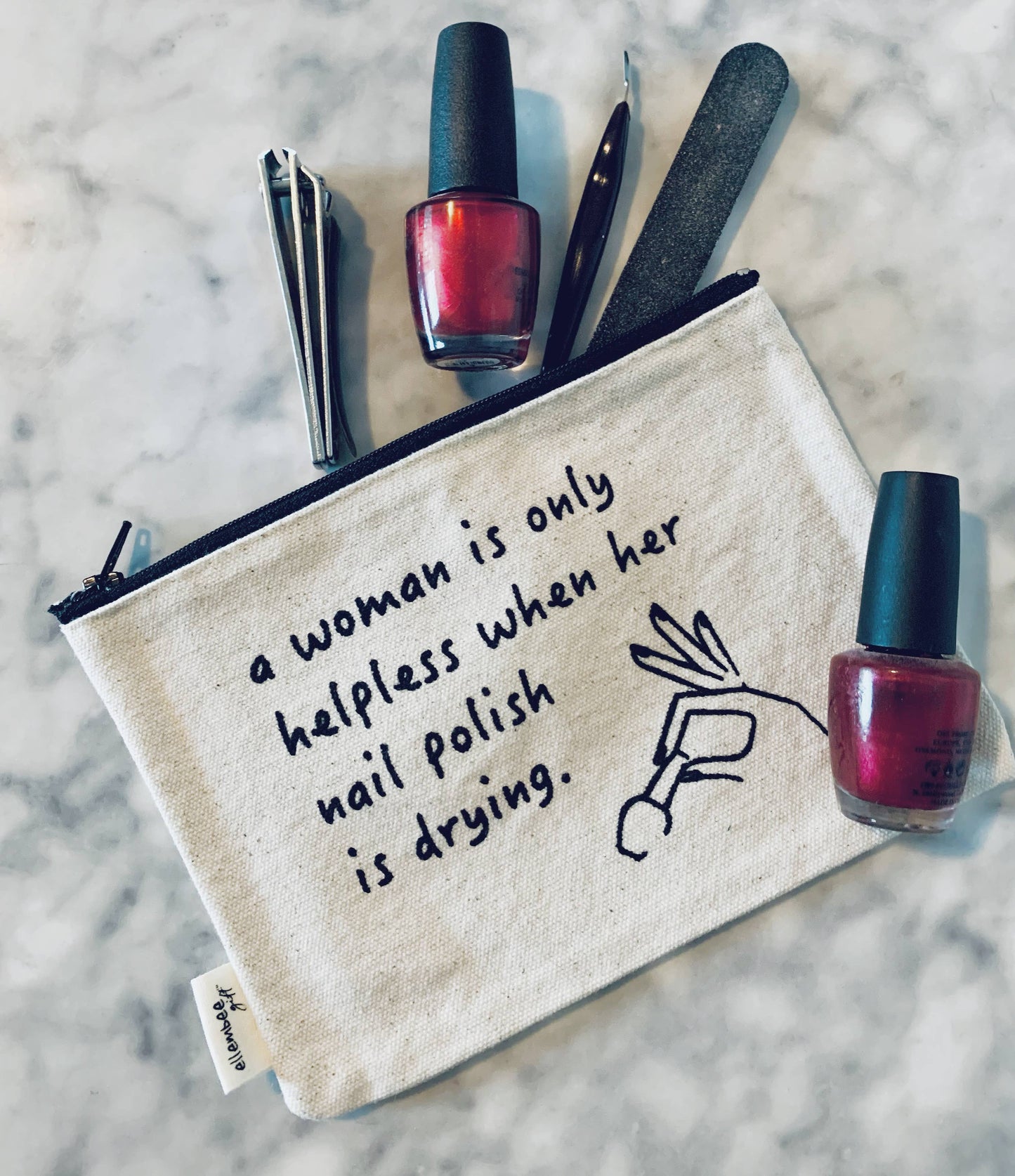 7.5" Canvas Zipper Pouch: Woman Only Helpless While Nails Drying - Pink Peonies