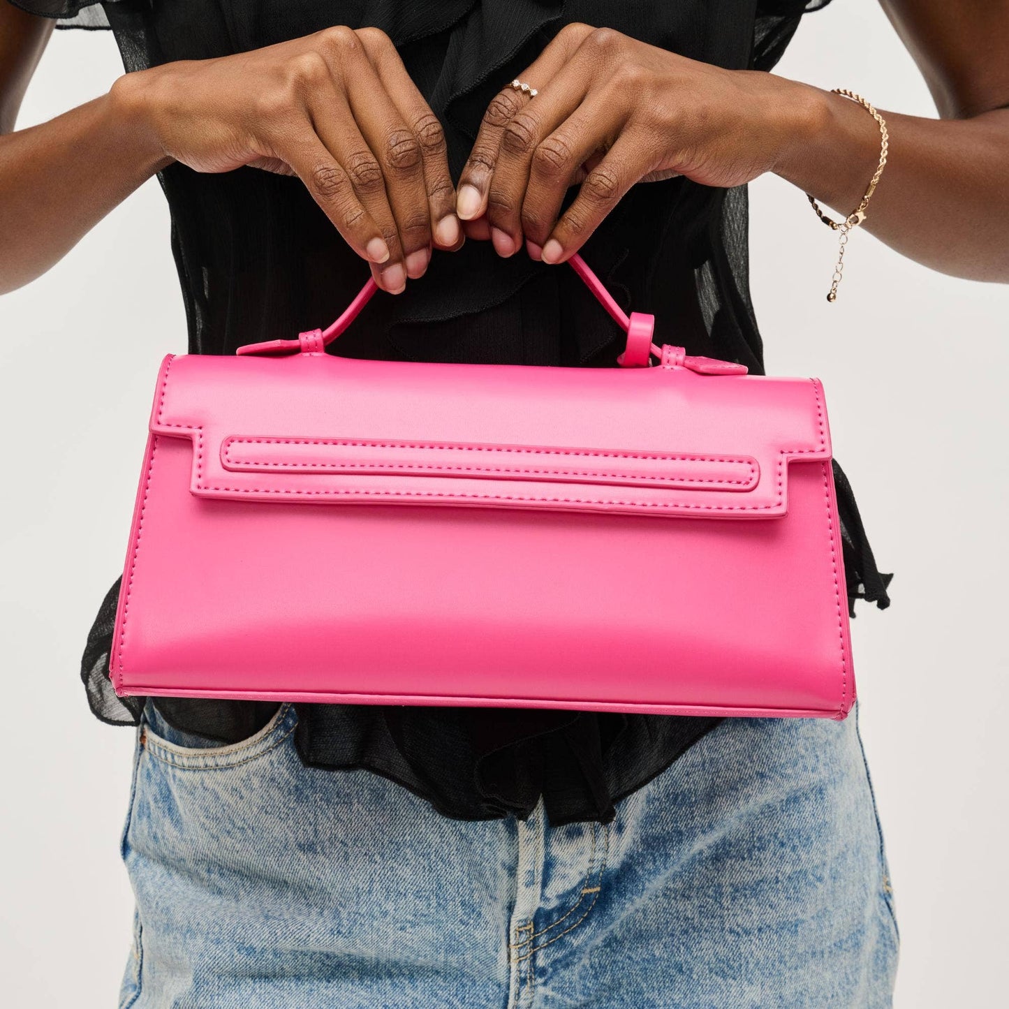 Top Handle Adjustable Crossbody Bag: Fuchsia - Pink Peonies