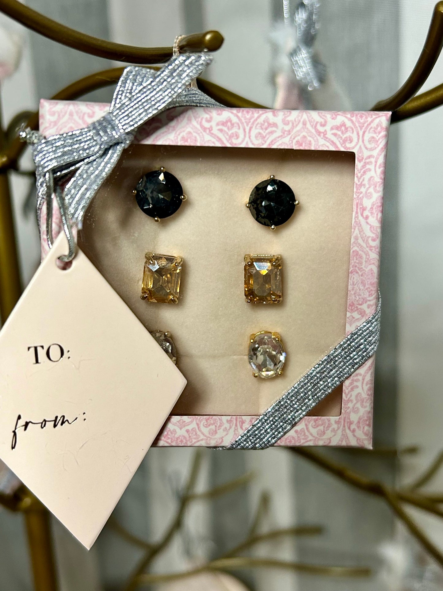 Boxed Crystal Earring Trio - Pink Peonies
