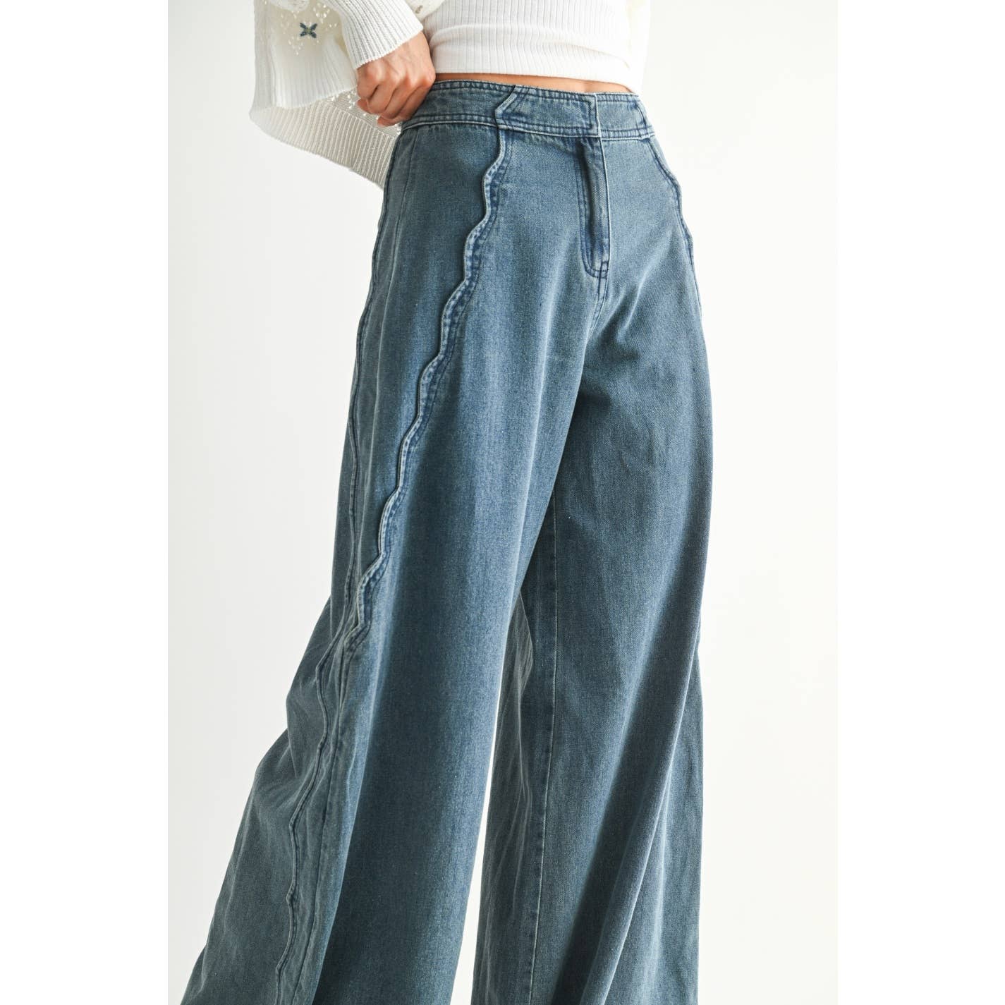 Medium Wash Wide Leg Wavy Trim Jeans