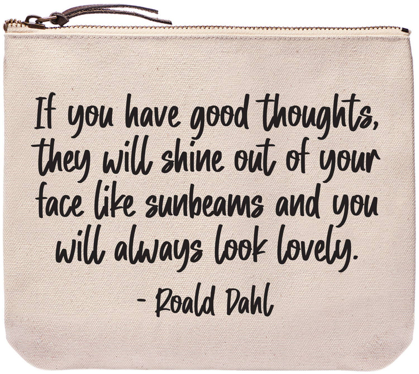 9" Canvas Zipper Pouch: Good Thoughts - Roald Dahl Quote - Pink Peonies