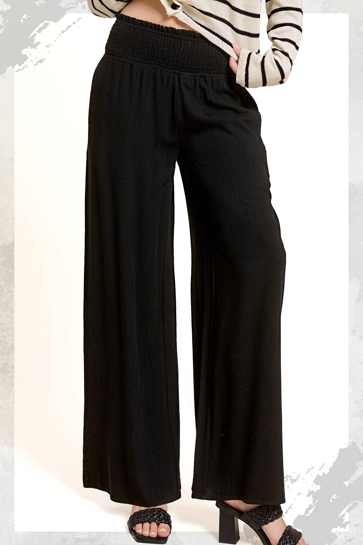 JDP4229-Smocked Waist High Waist Pants with Side Pockets: Black / L - Pink Peonies
