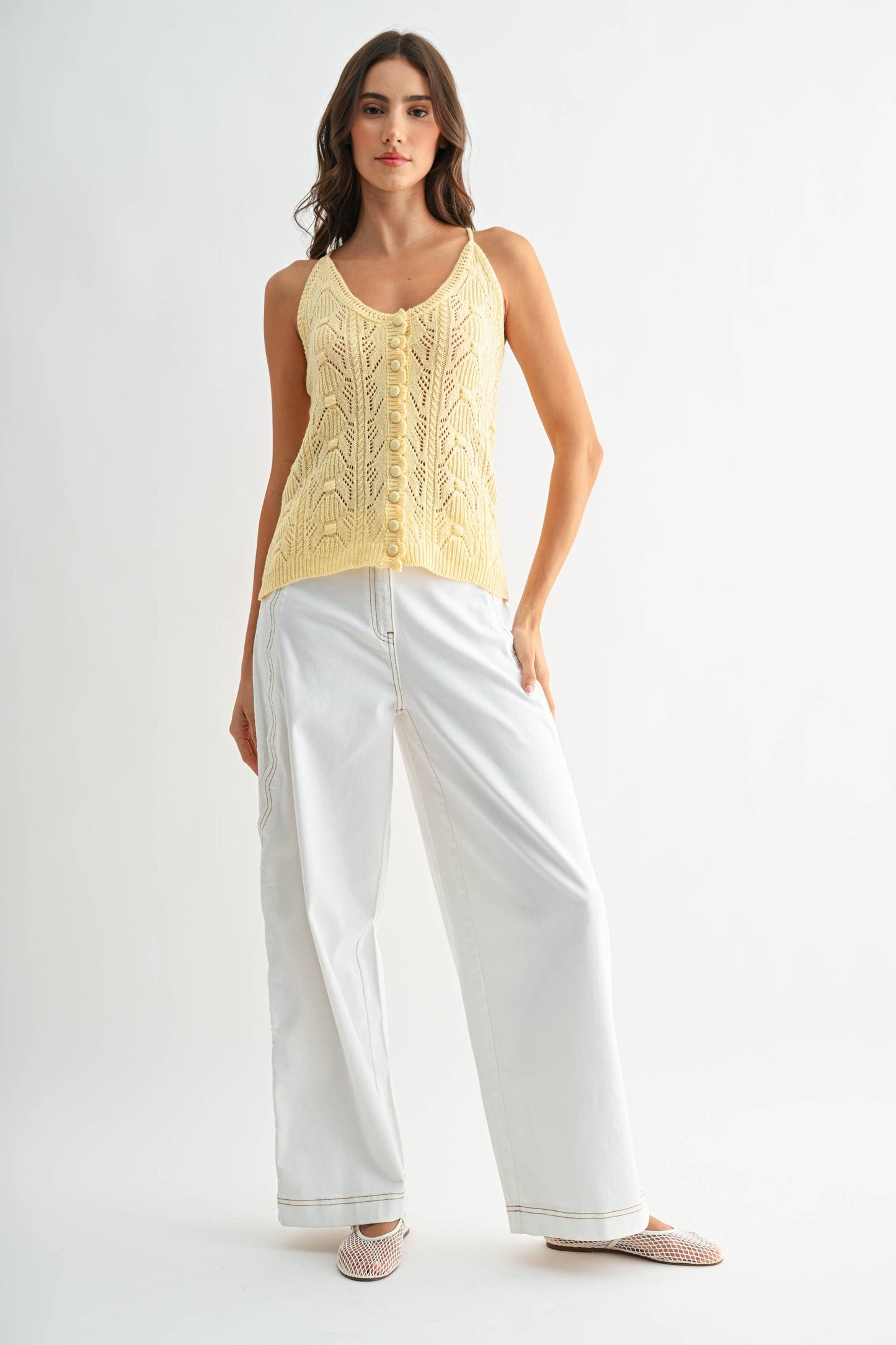 CEP26939 WIDE-LEG STRETCHY DENIM TROUSERS: OFF WHITE / S-M-L(3-2-1) - Pink Peonies