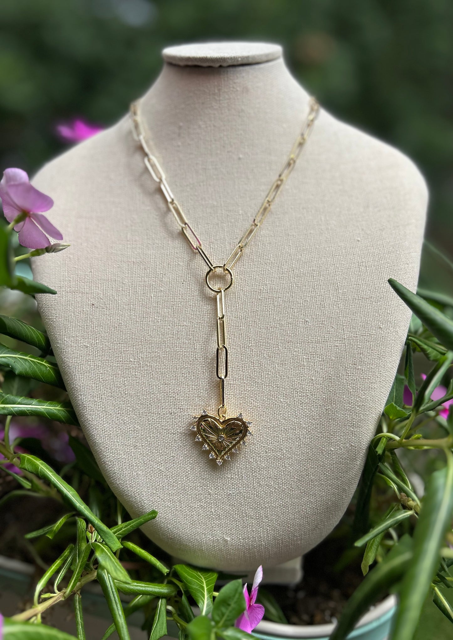 Gold Heart Lariat Necklace - Pink Peonies
