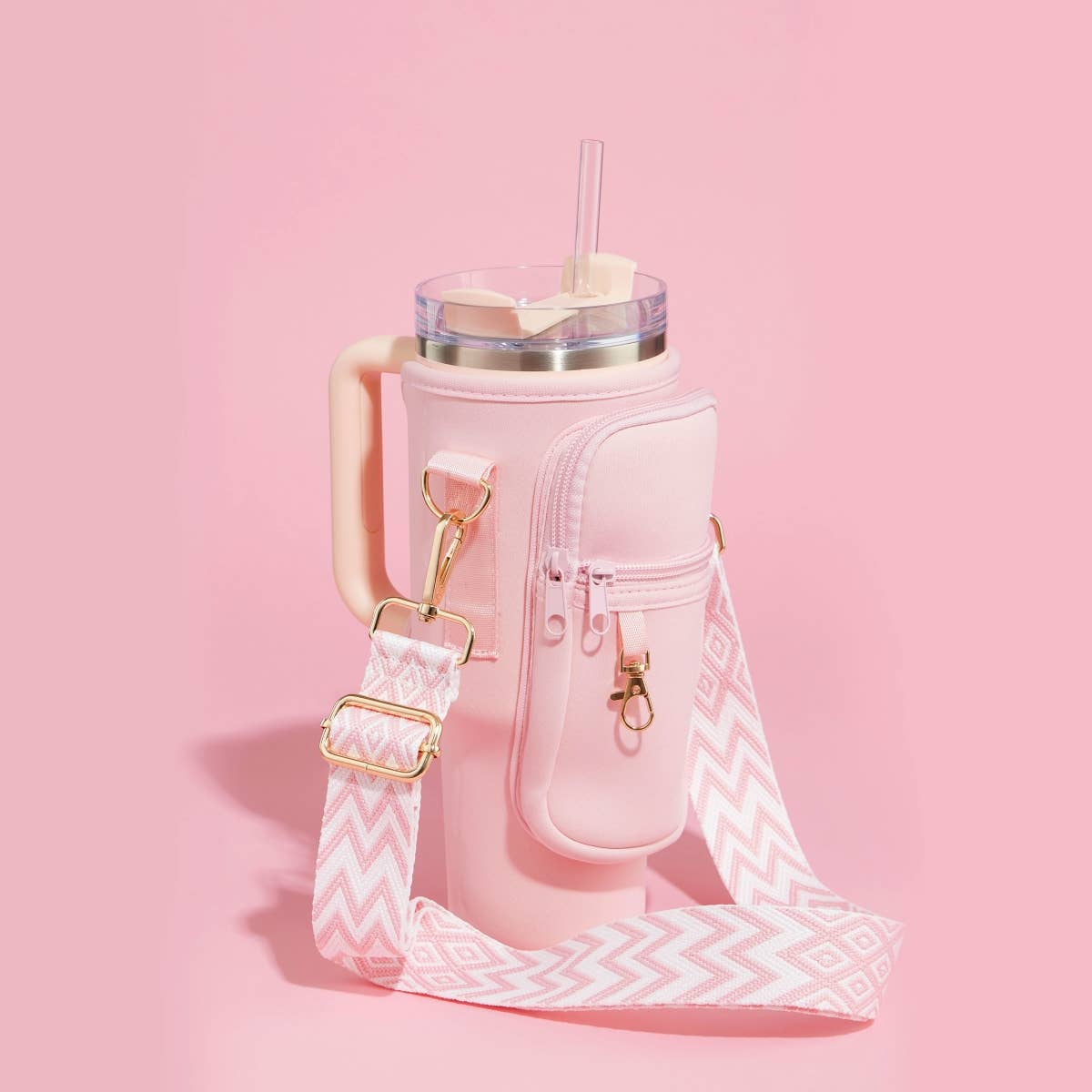 Dual Strap Fit-Cooler™ Sling Tumbler Crossbody Bag: Light Pink - Pink Peonies