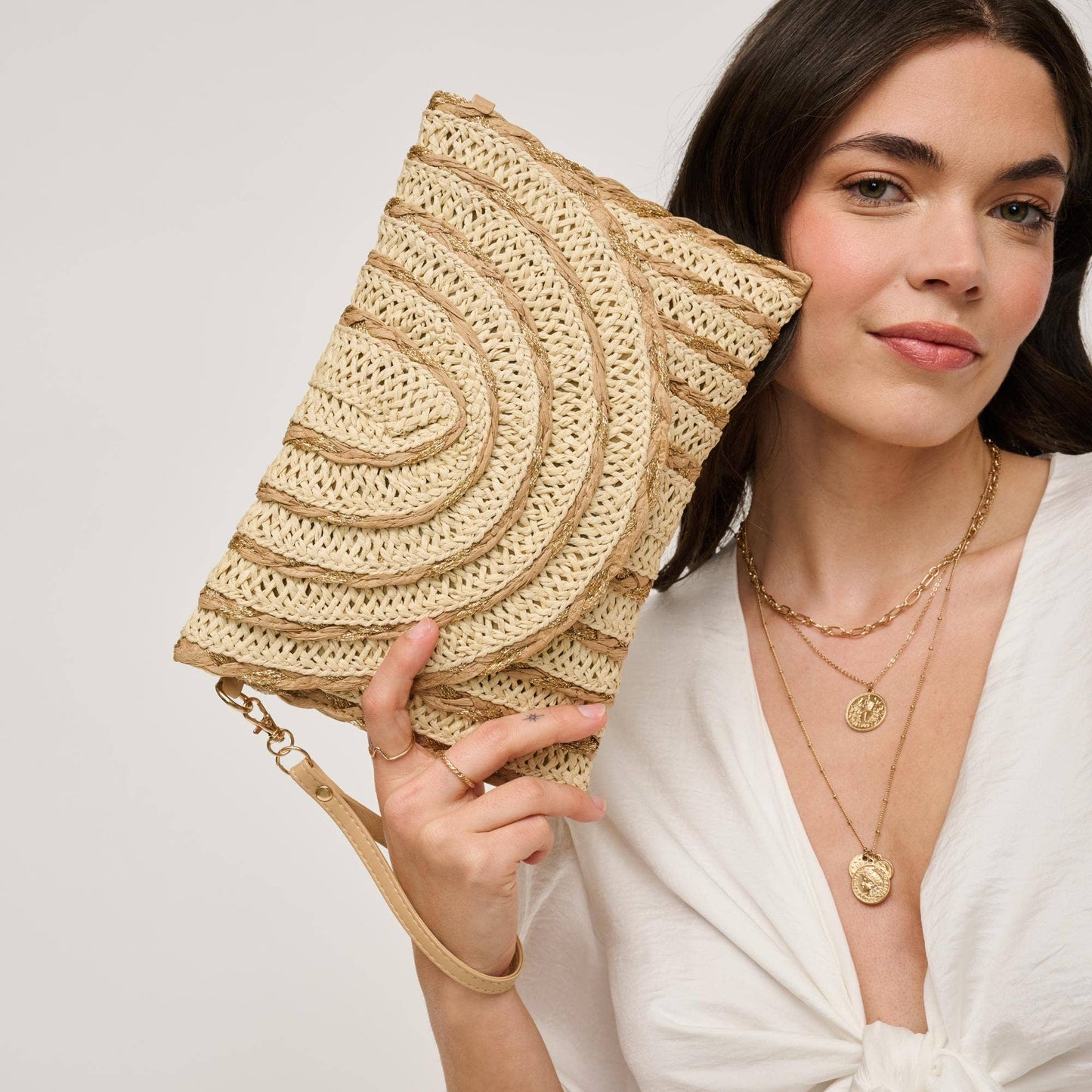 Golden Hour Ruffle Natural Ivory Clutch - Pink Peonies