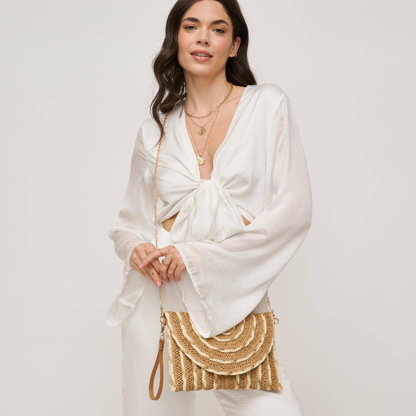 Golden Hour Ruffle Natural Ivory Clutch - Pink Peonies