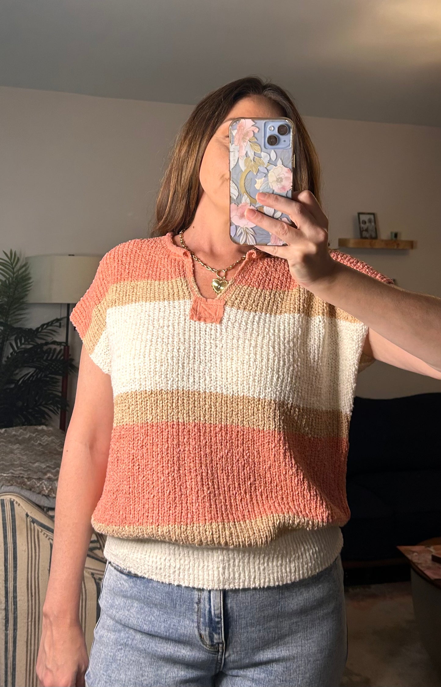 Low Gauge Color Block Textured Sweater Top - Pink Peonies