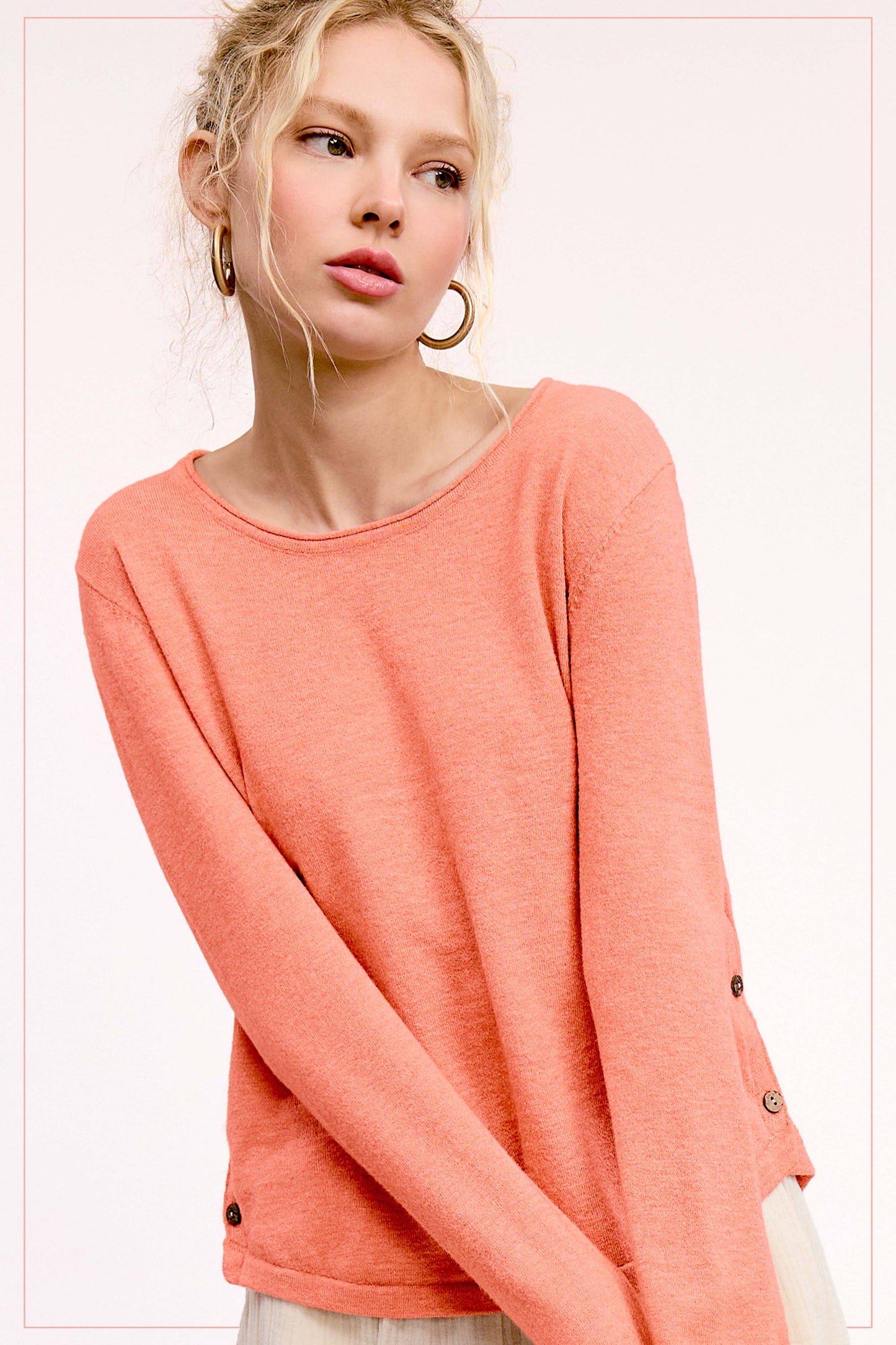 MDS3601-Super Soft Rolled Hem Side Button Stretchy Knit Top: Grapefruit / L - Pink Peonies