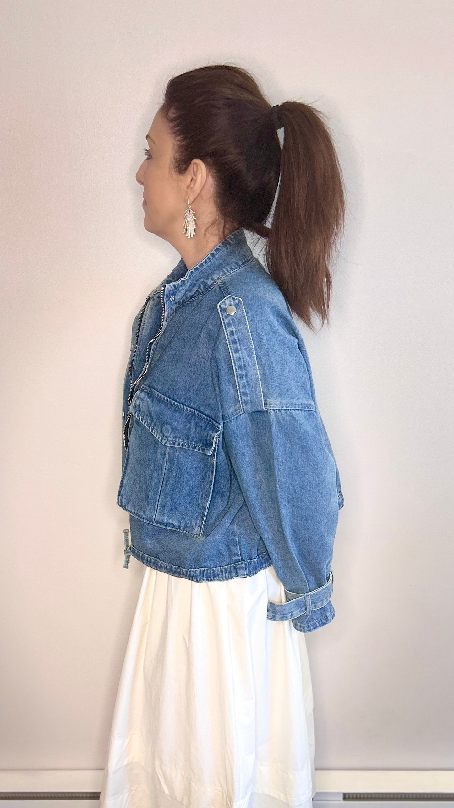 Aviator Denim Utility Jacket - Pink Peonies