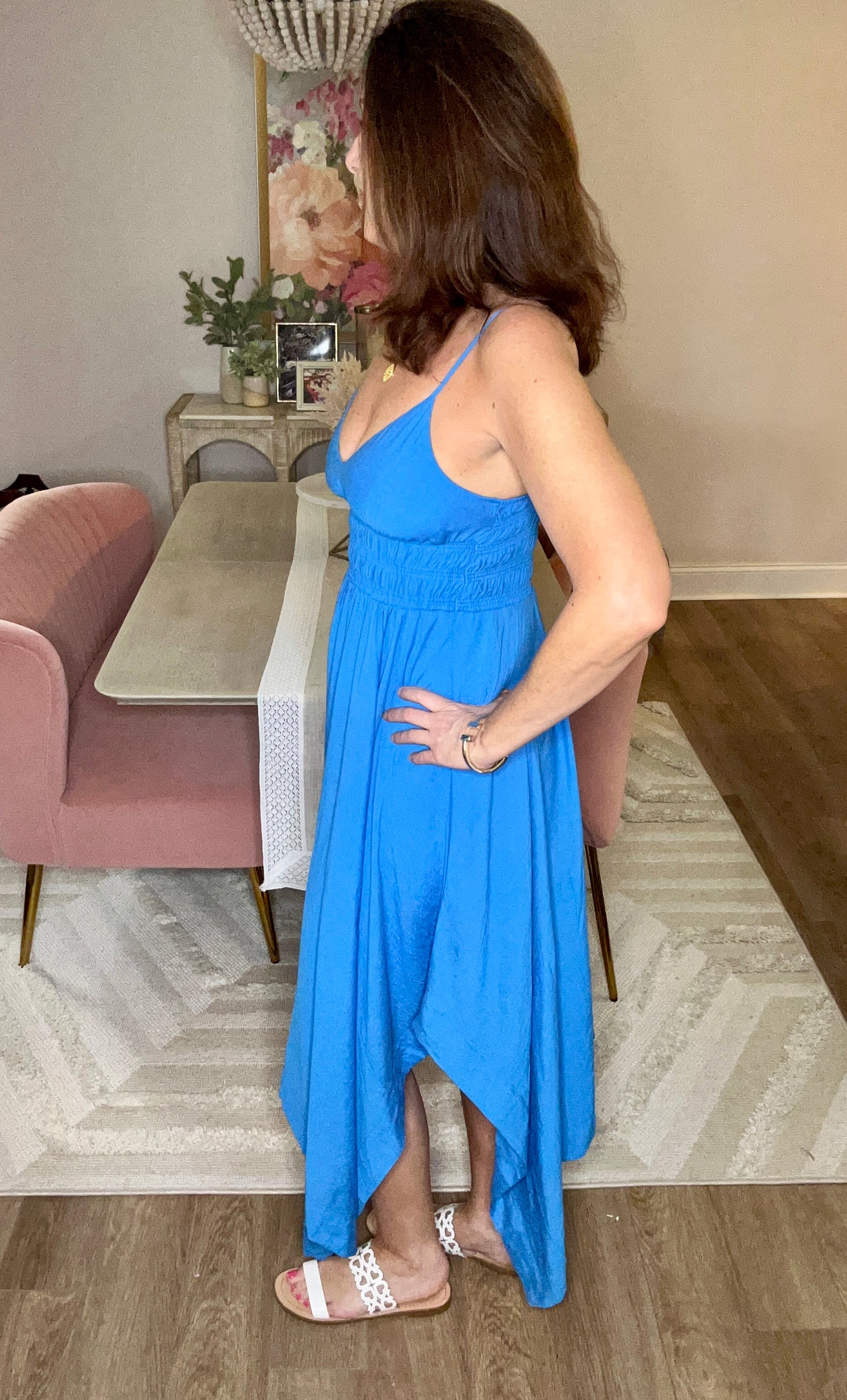 Indigo Dreams V Neck Handkerchief Hem Sleeveless Blue Midi Dress - Pink Peonies