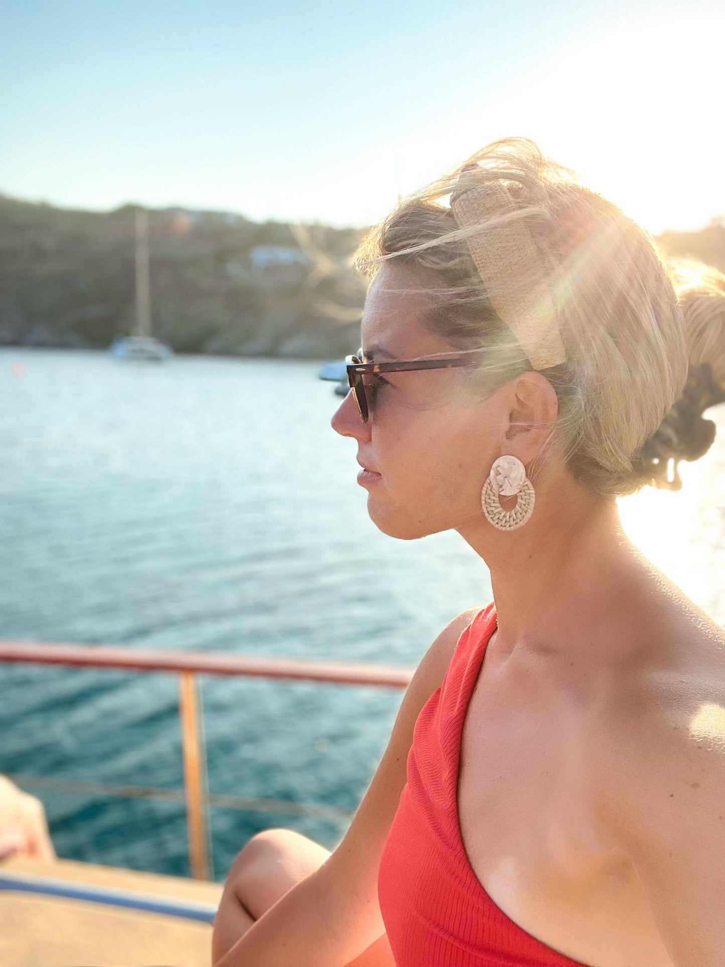 Blonde Rattan Bali Doorknocker Statement Earrings - Pink Peonies