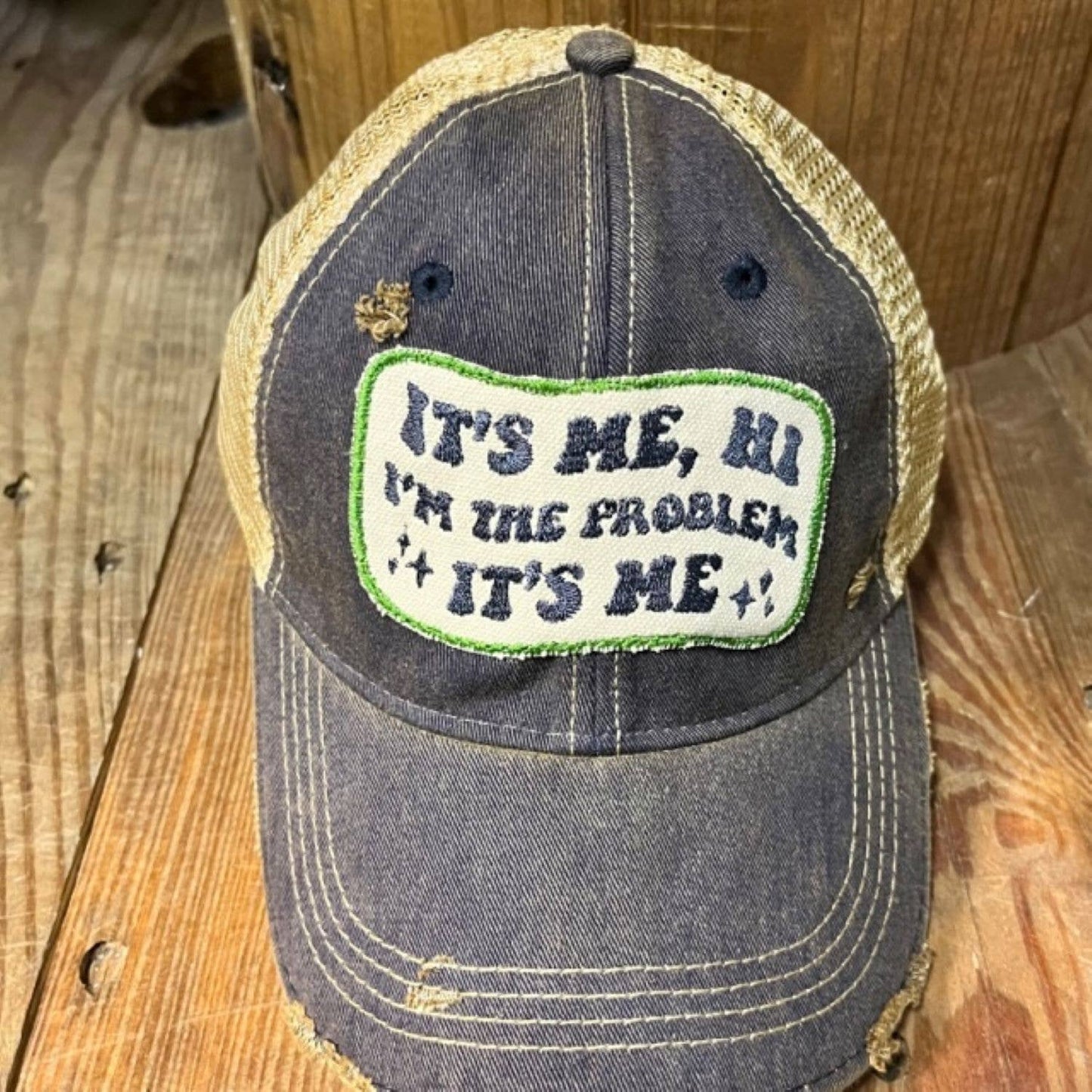 It's Me, Hi, I'm The Problem Distressed Embroidered Patch Mesh Back Baseball Hat - Pink Peonies