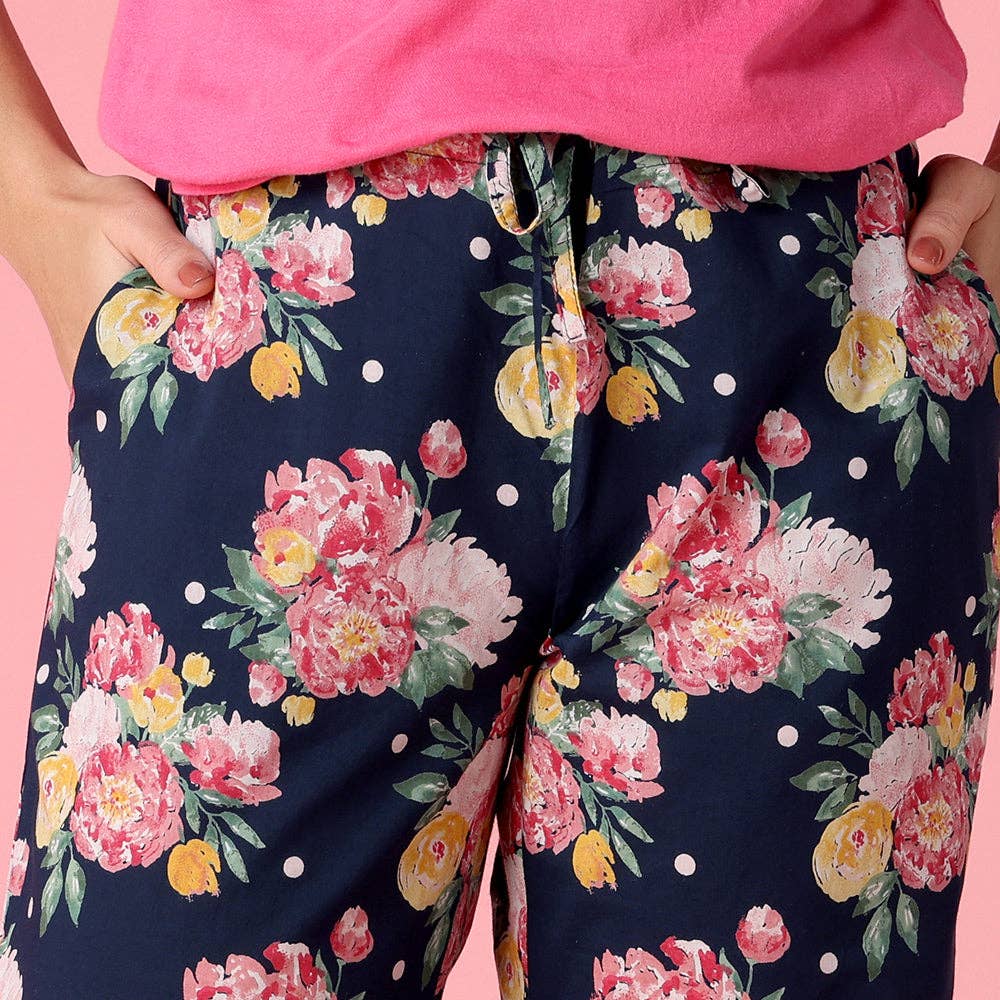 Blue Floral Cotton Pajama Pants in a Bag