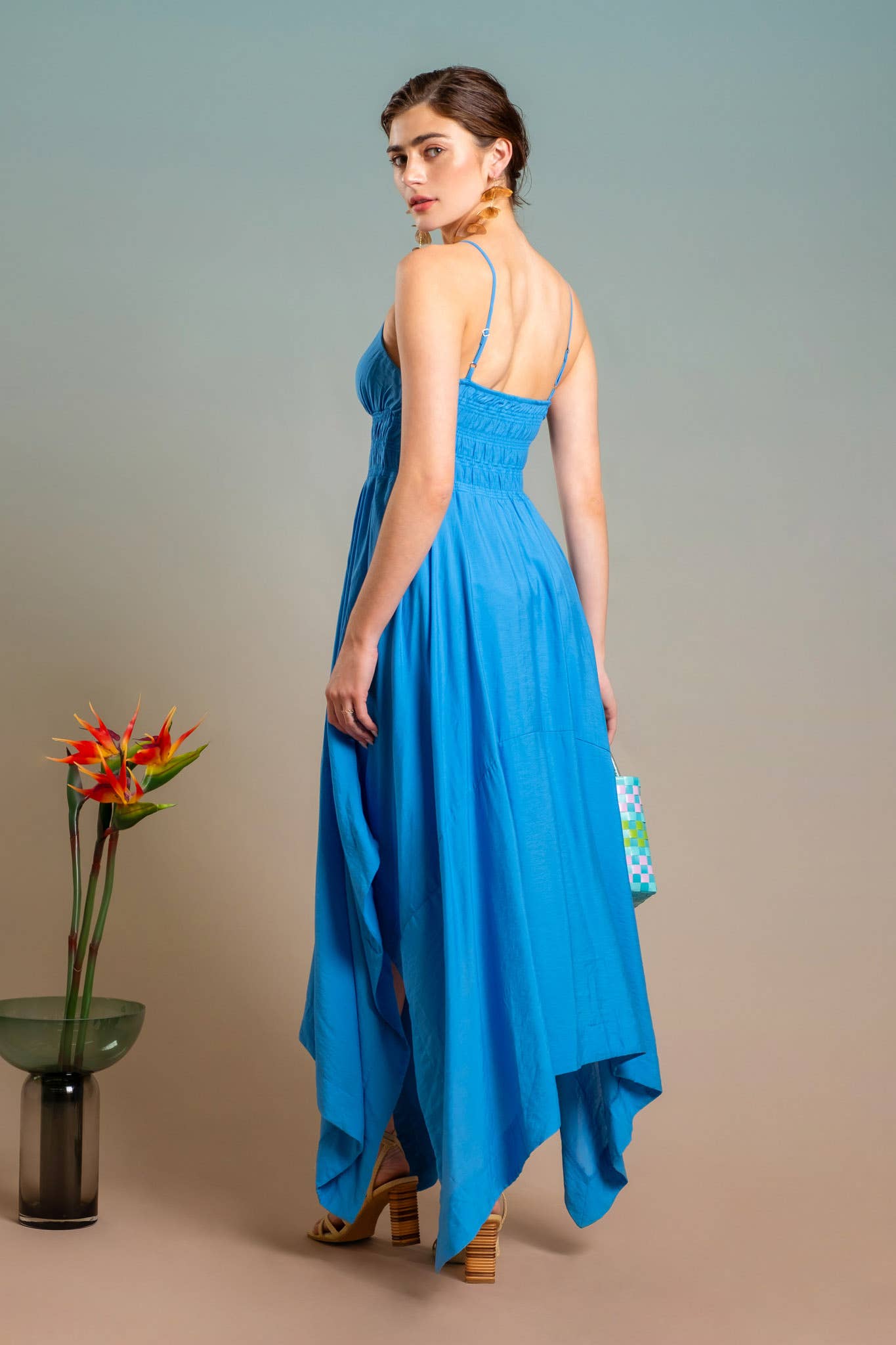 Indigo Dreams V Neck Handkerchief Hem Sleeveless Blue Midi Dress - Pink Peonies