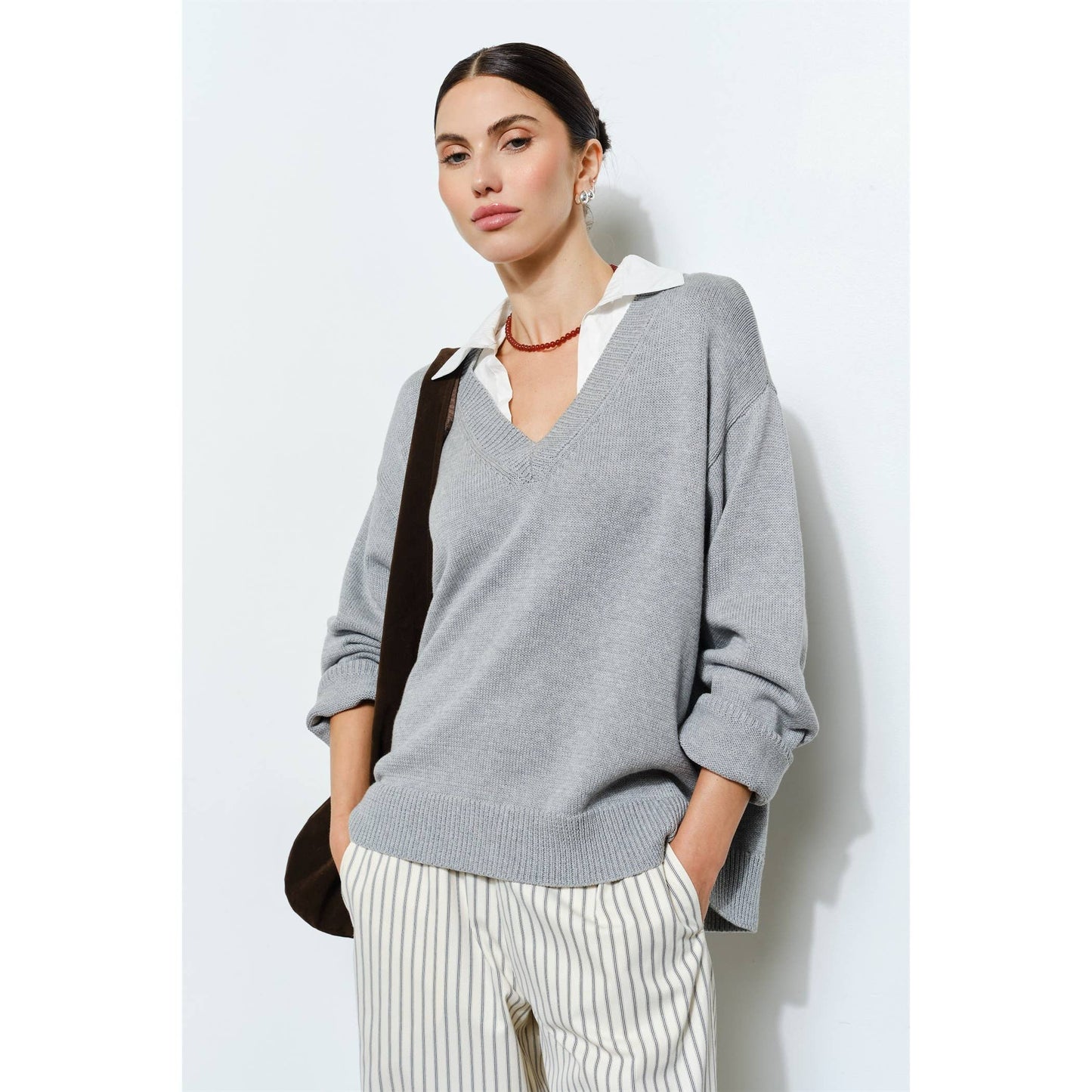 Grey V-Neck Sweater with Attached White Collar