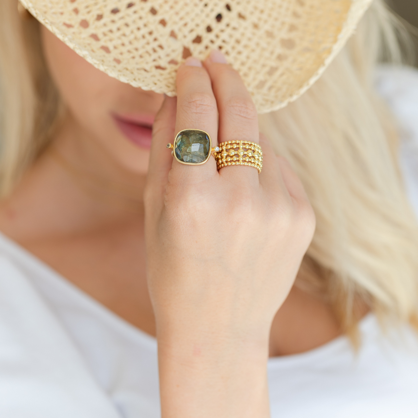 Square Stone Adjustable Rings With Side Stones: 4 Colors - Pink Peonies