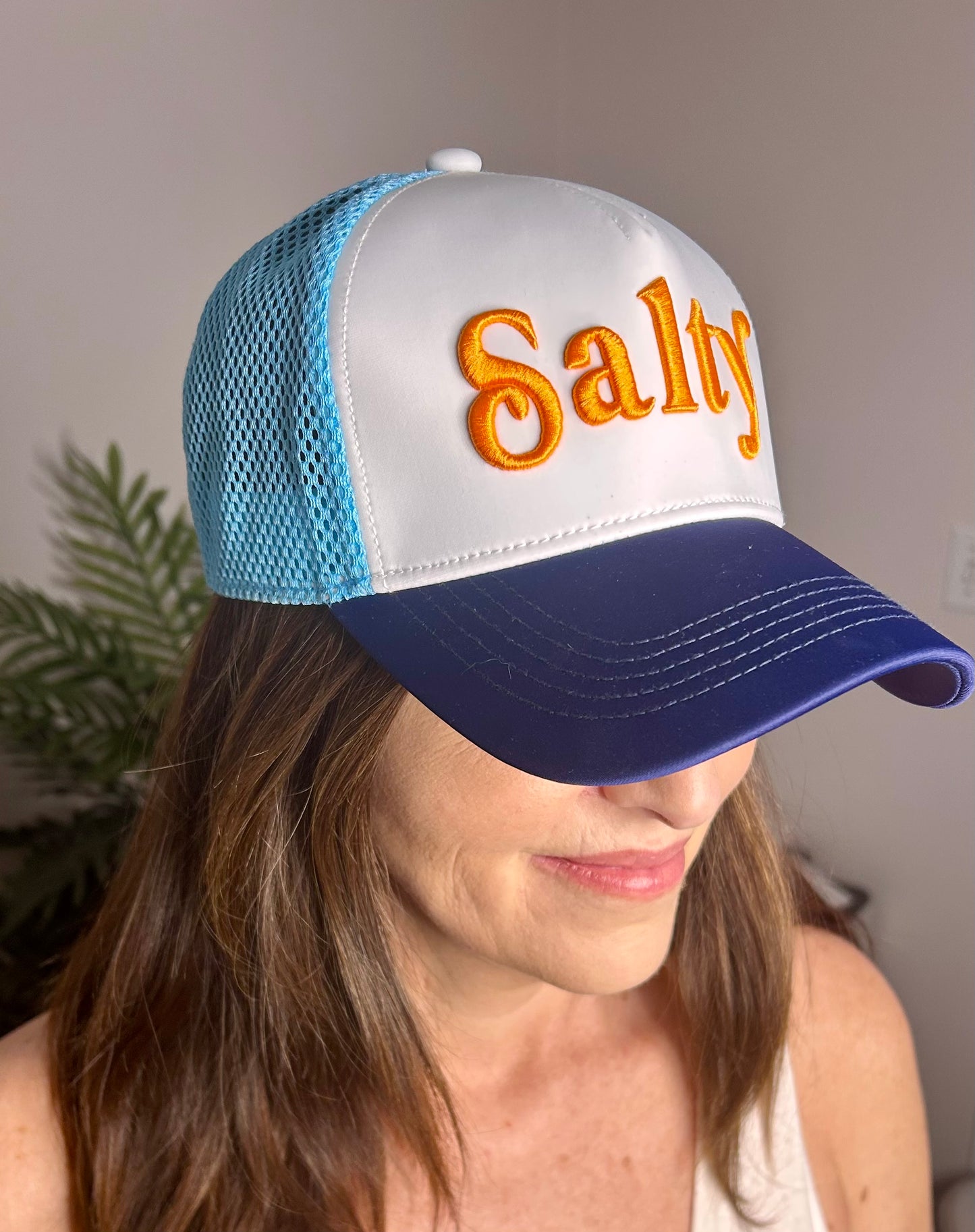 Salty Trucker Hat - Blue & Orange Mesh - Pink Peonies