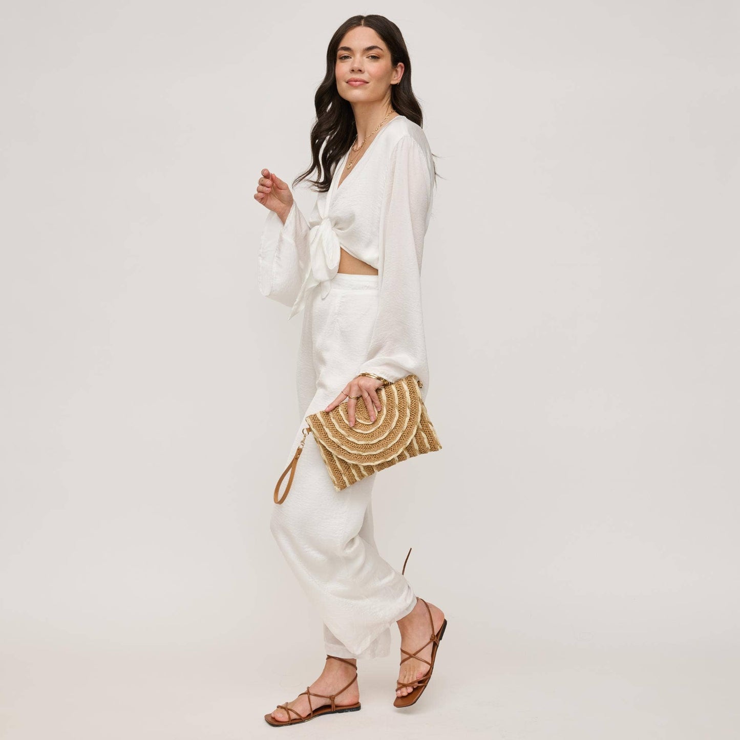 Golden Hour Ruffle Natural Ivory Clutch - Pink Peonies