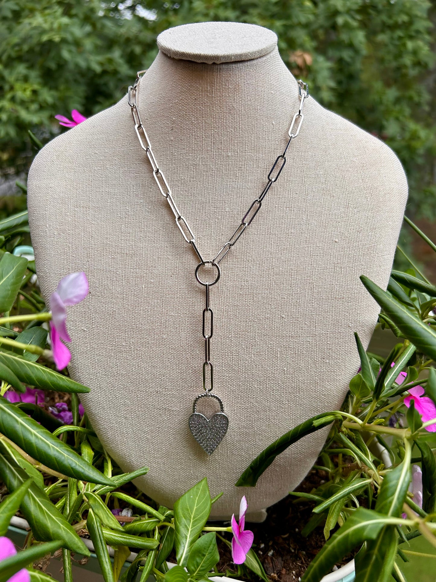 Silver Heart Lock Lariat Necklace - Pink Peonies