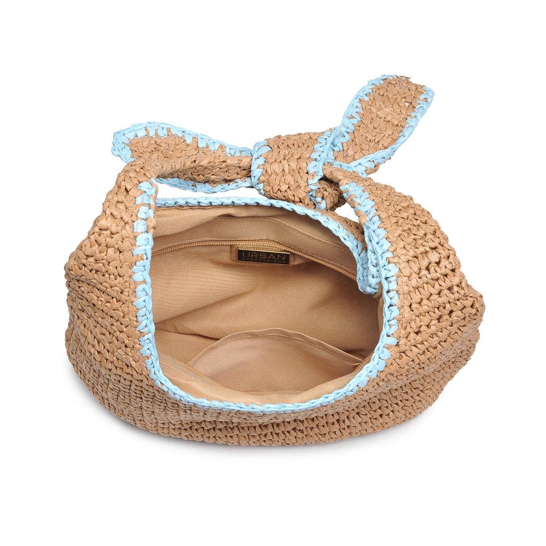 Rattan Knotted Robin's Egg Blue Trim Bag - Pink Peonies