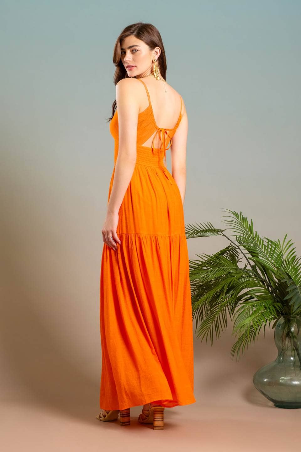 Sunset Muse Flame Orange Ruched Cut Out Ruffle Skirt Maxi Dress - Pink Peonies