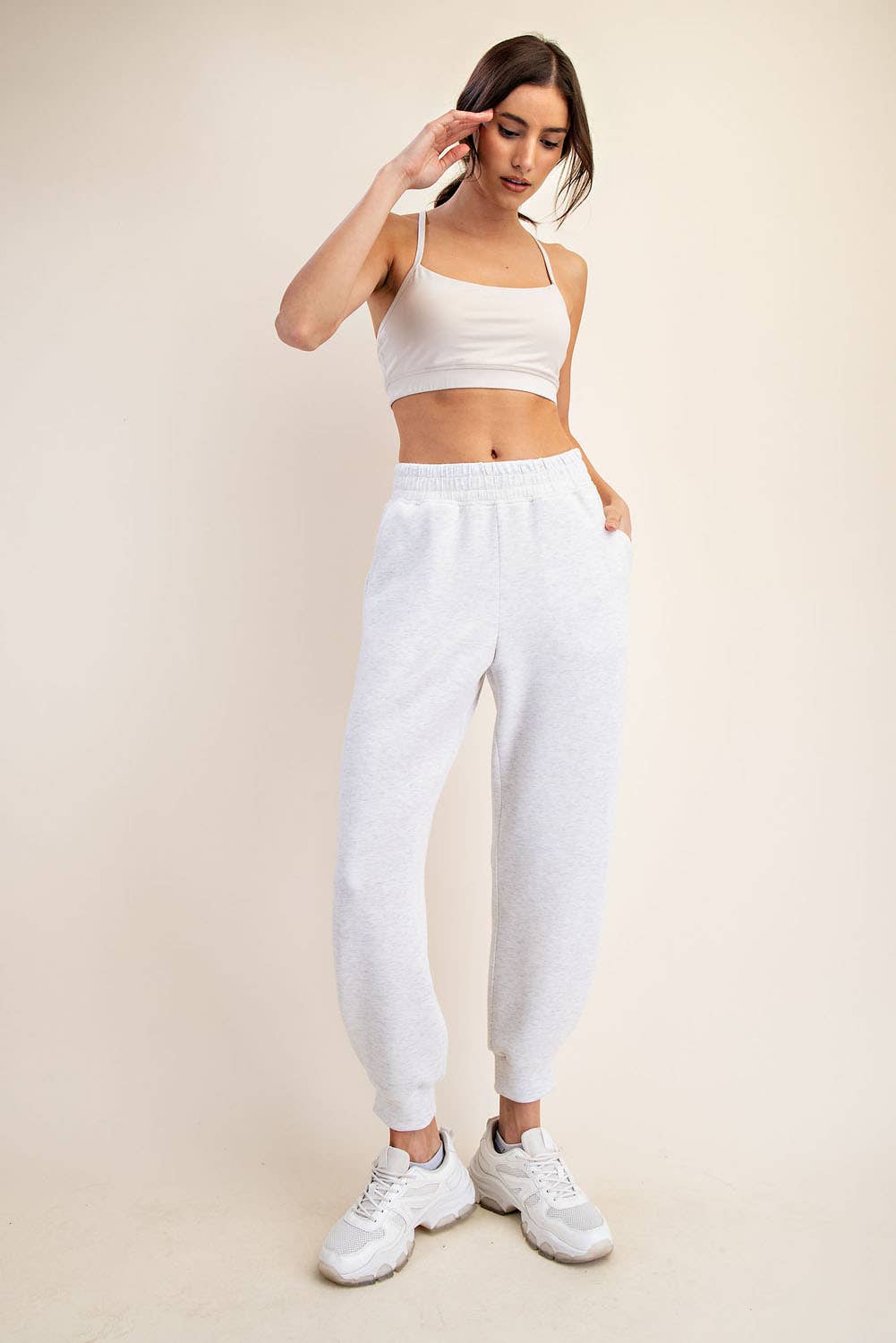 Modal Full Length Jogger Pants: Cream - Pink Peonies