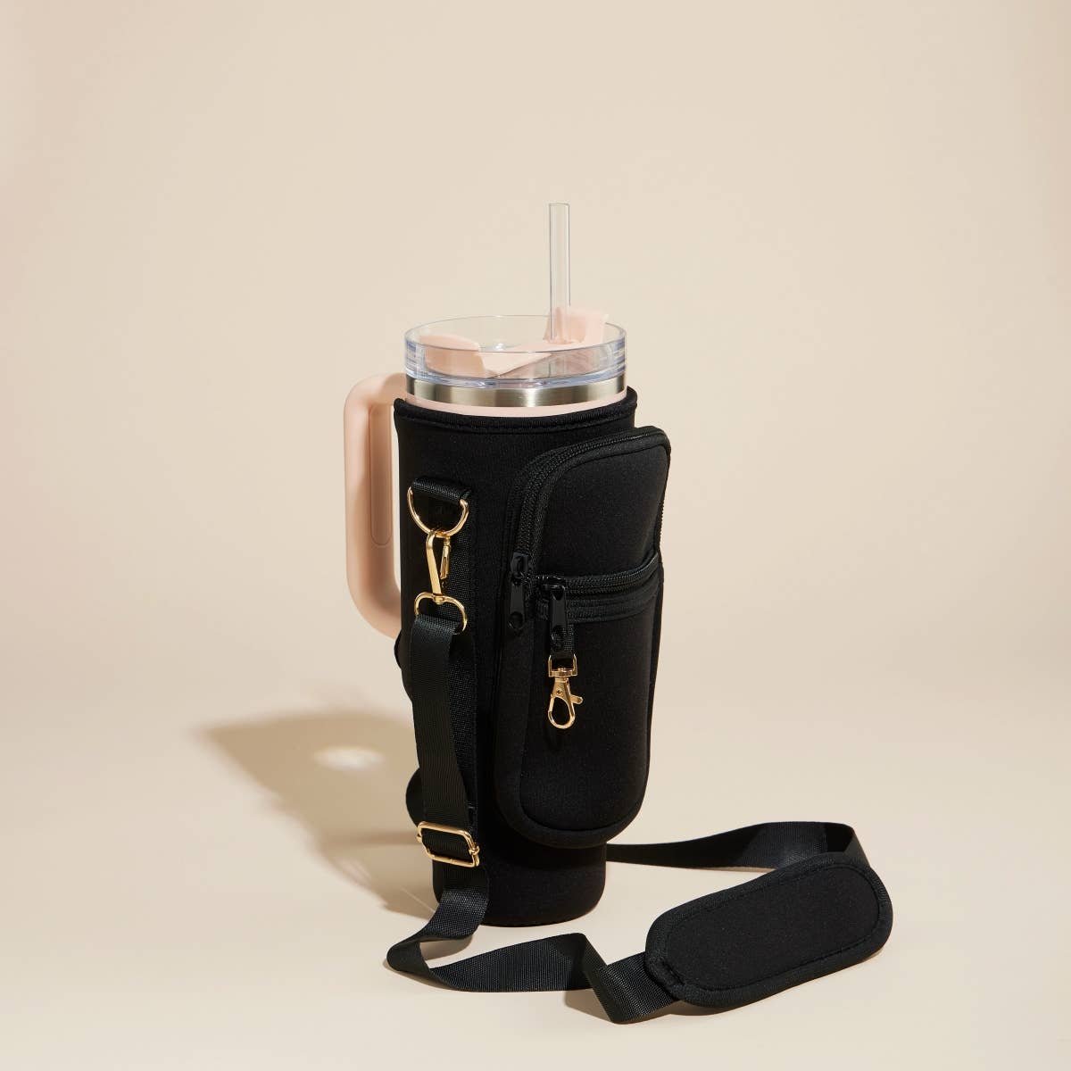 Dual Strap Fit-Cooler™ Sling Tumbler Crossbody Bag: Black - Pink Peonies