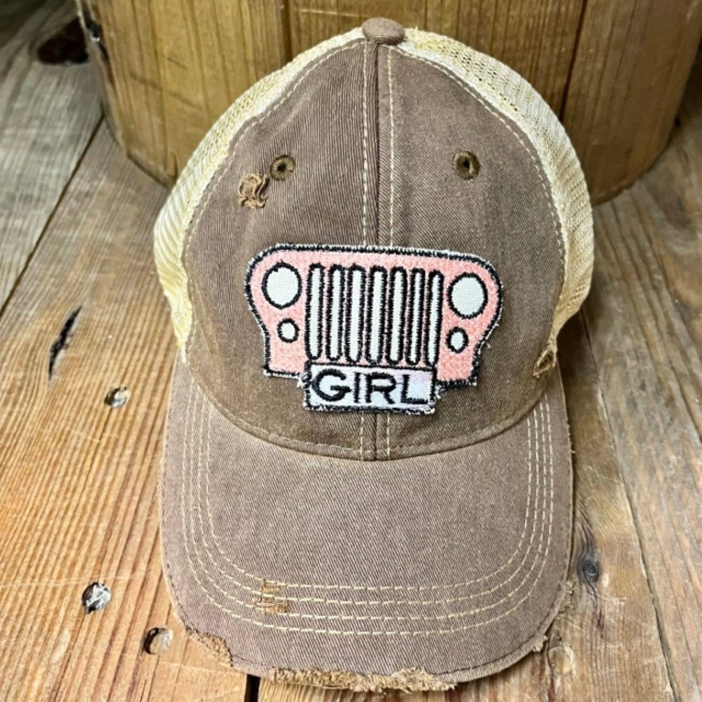 Jeep Girl Distressed Embroidered Patch Mesh Back Baseball Hat - Pink Peonies