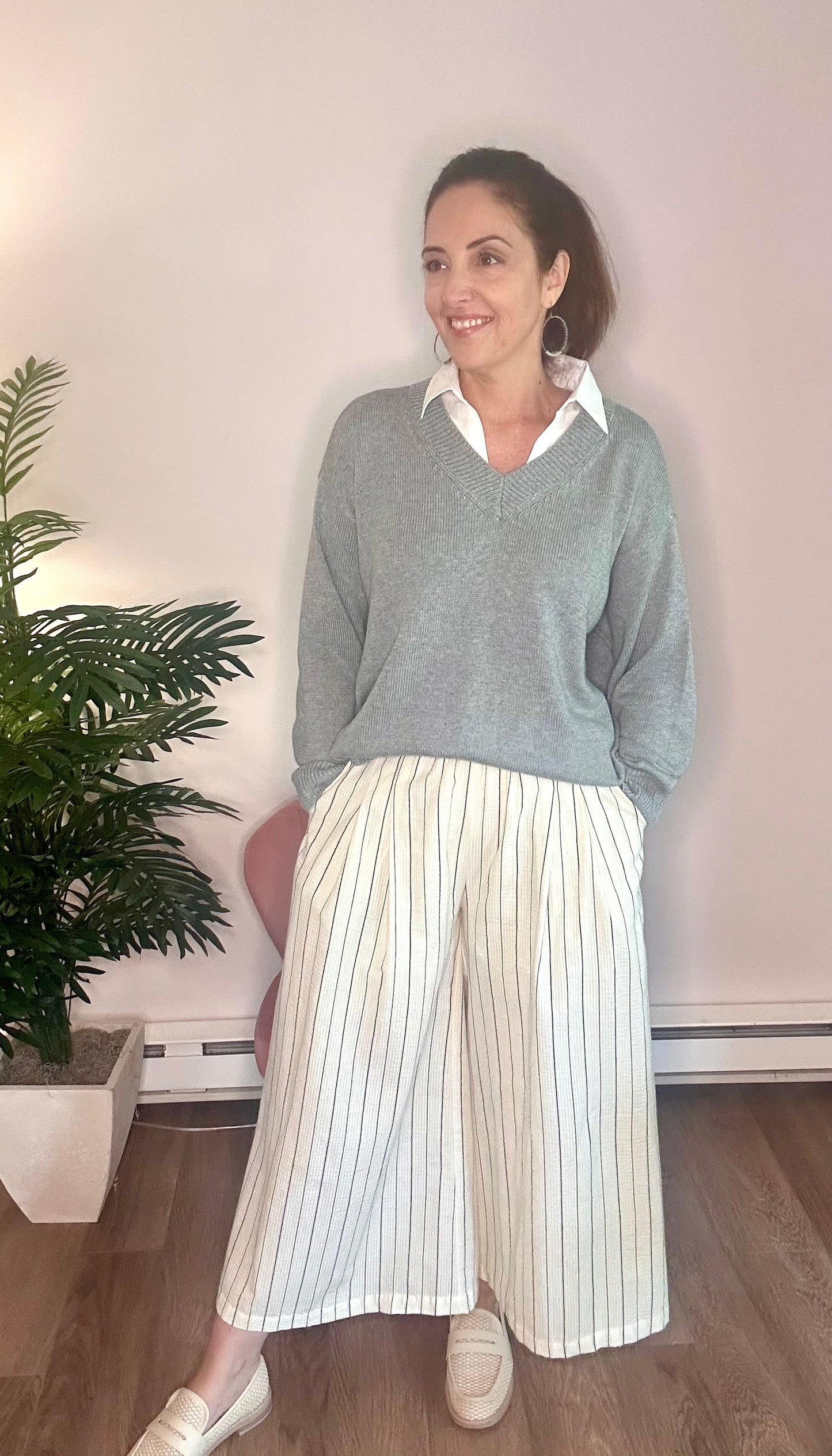 Grey V-Neck Sweater with Attached White Collar