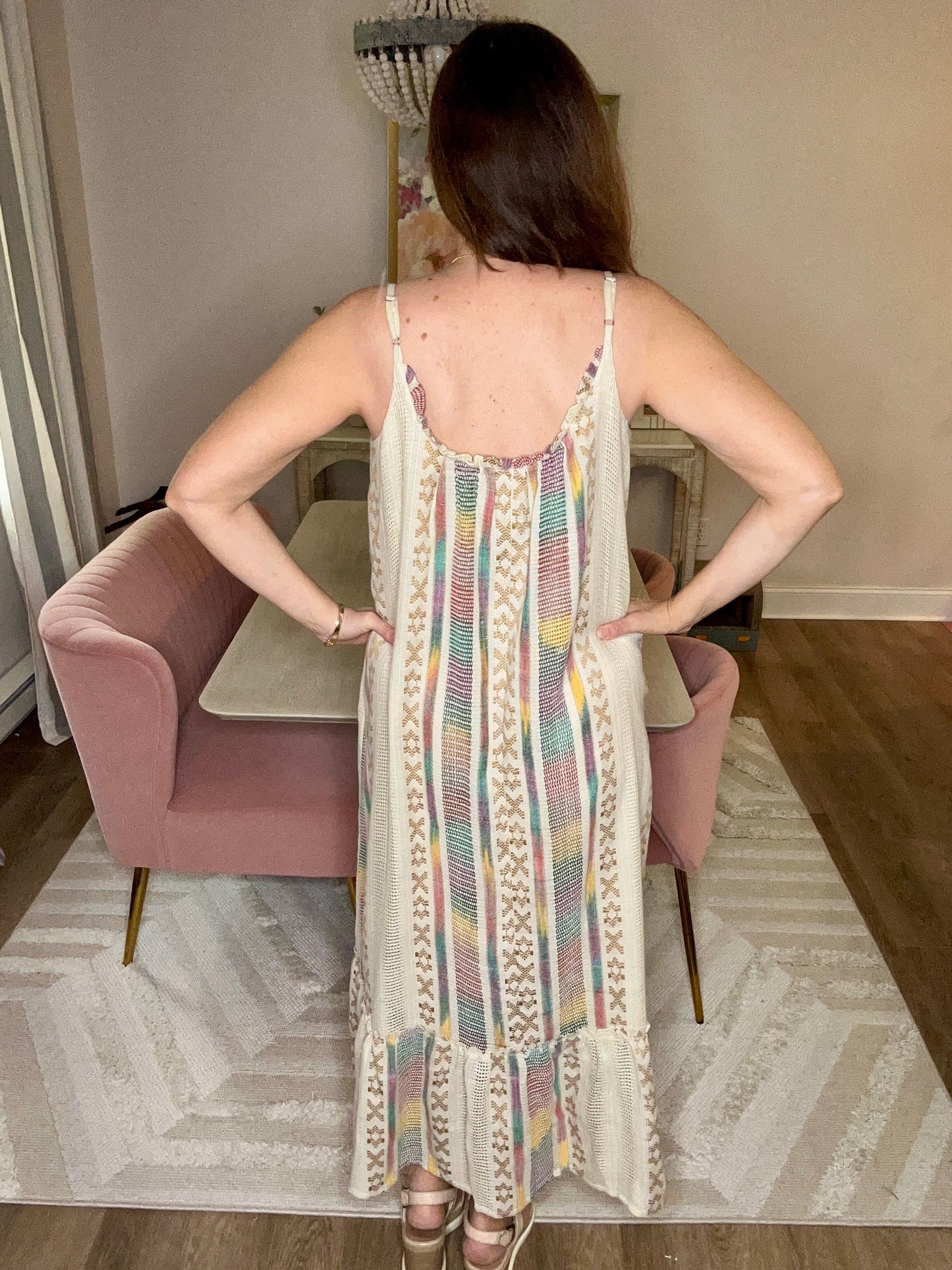 Embroidered Slip Style Multicolor Maxi Dress - Pink Peonies