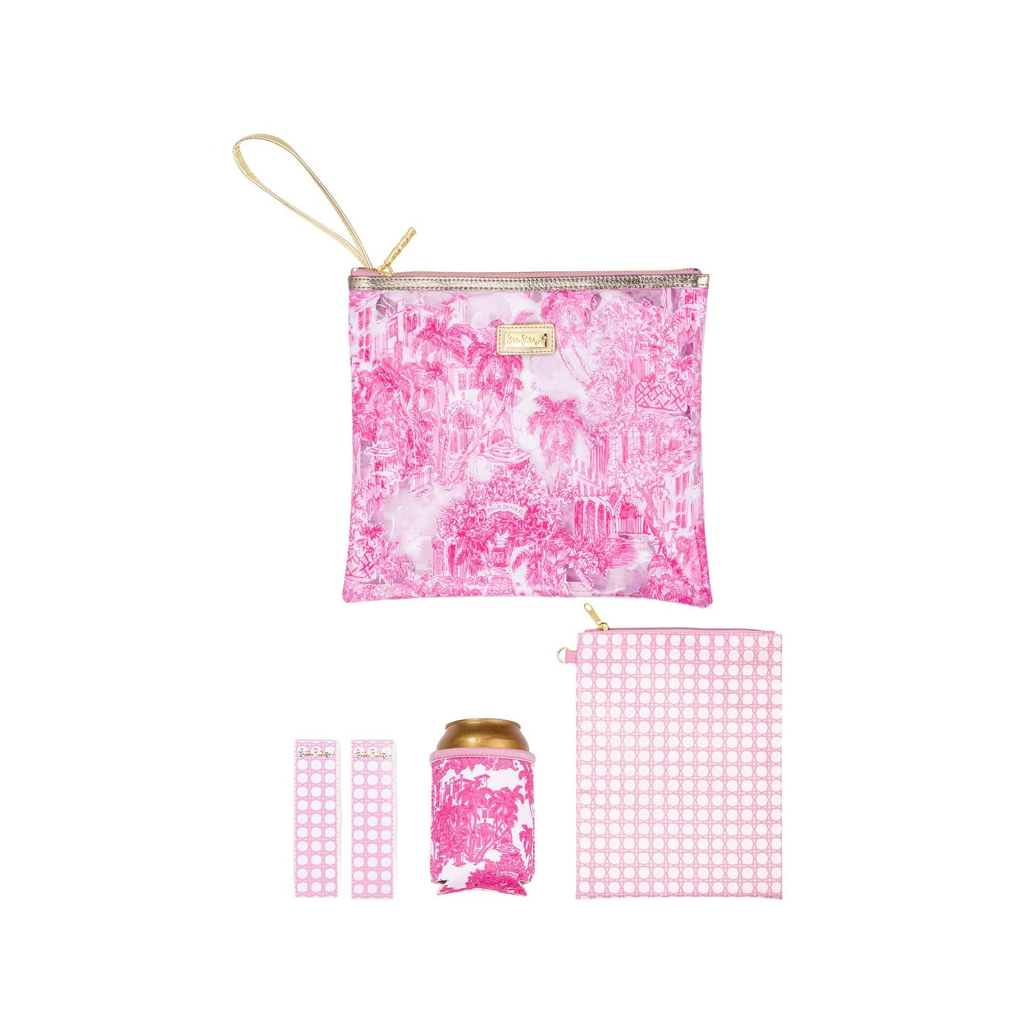 Beach Day Pouch, Palm Beach Toile - Pink Peonies