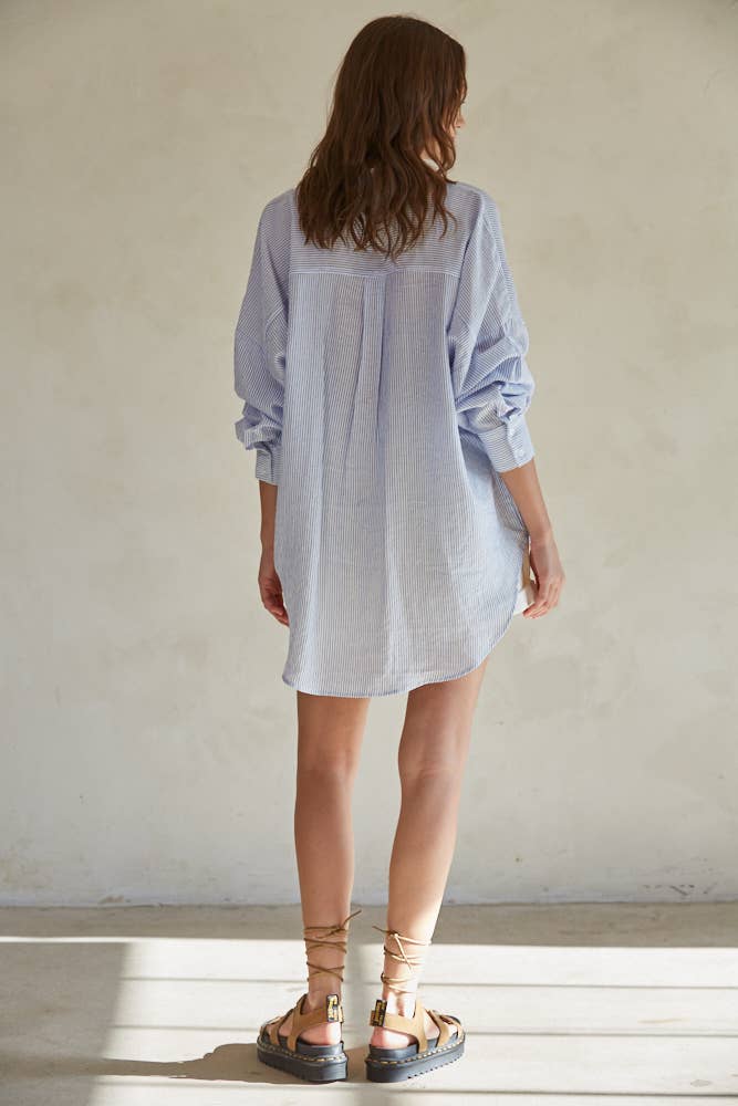 Striped Button Down Long Sleeve Shirt - Pink Peonies