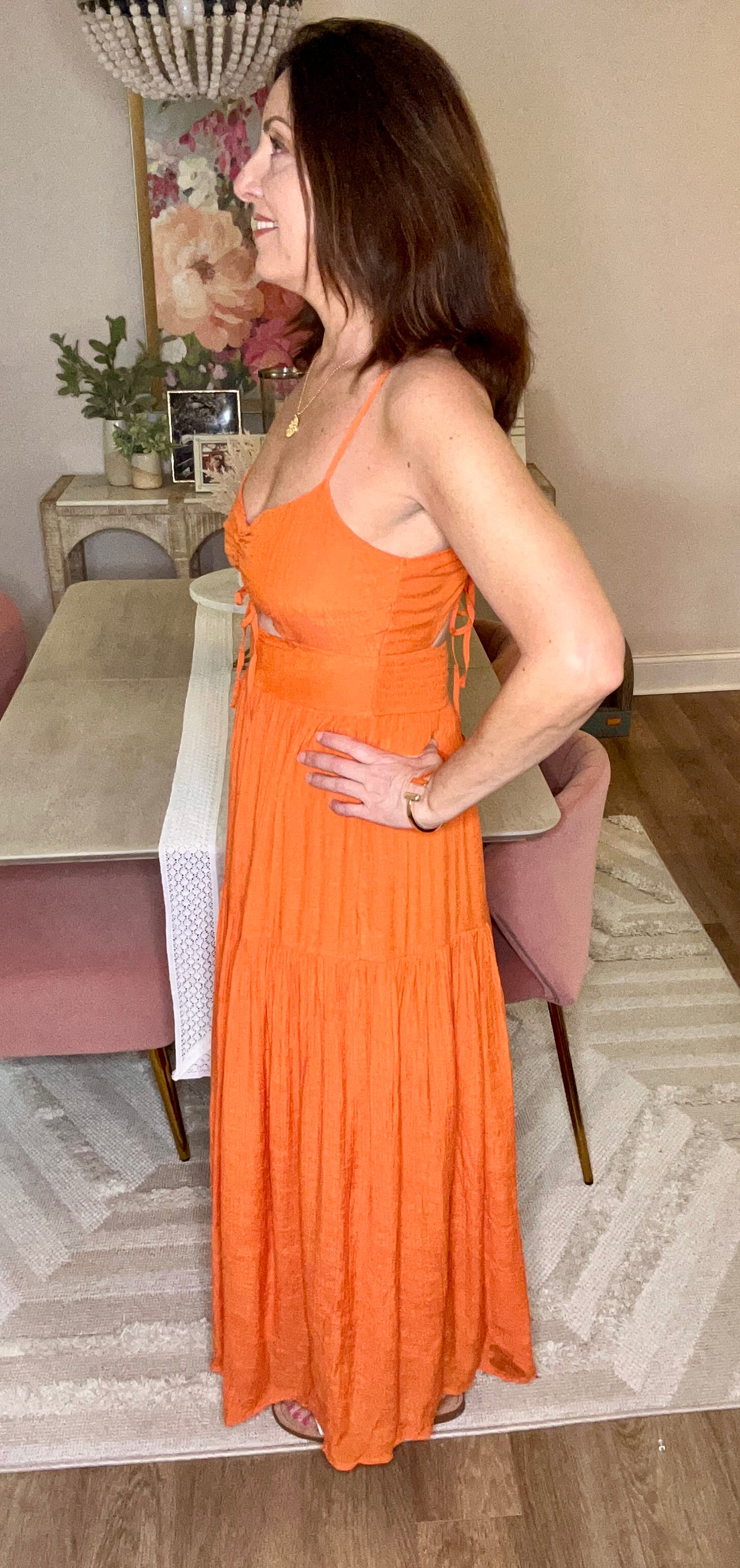 Sunset Muse Flame Orange Ruched Cut Out Ruffle Skirt Maxi Dress - Pink Peonies