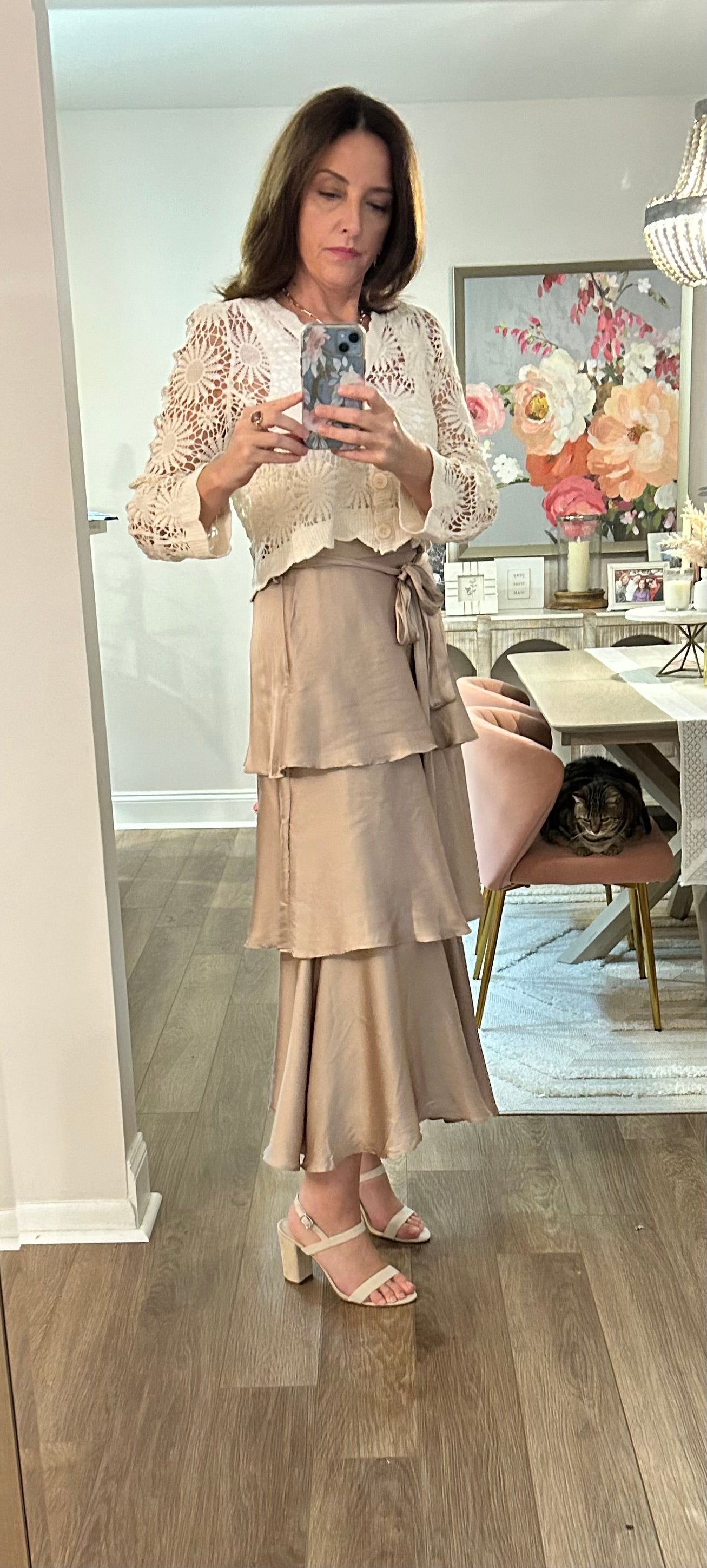 Belted Satin Tiered Midi Skirt - Pink Peonies
